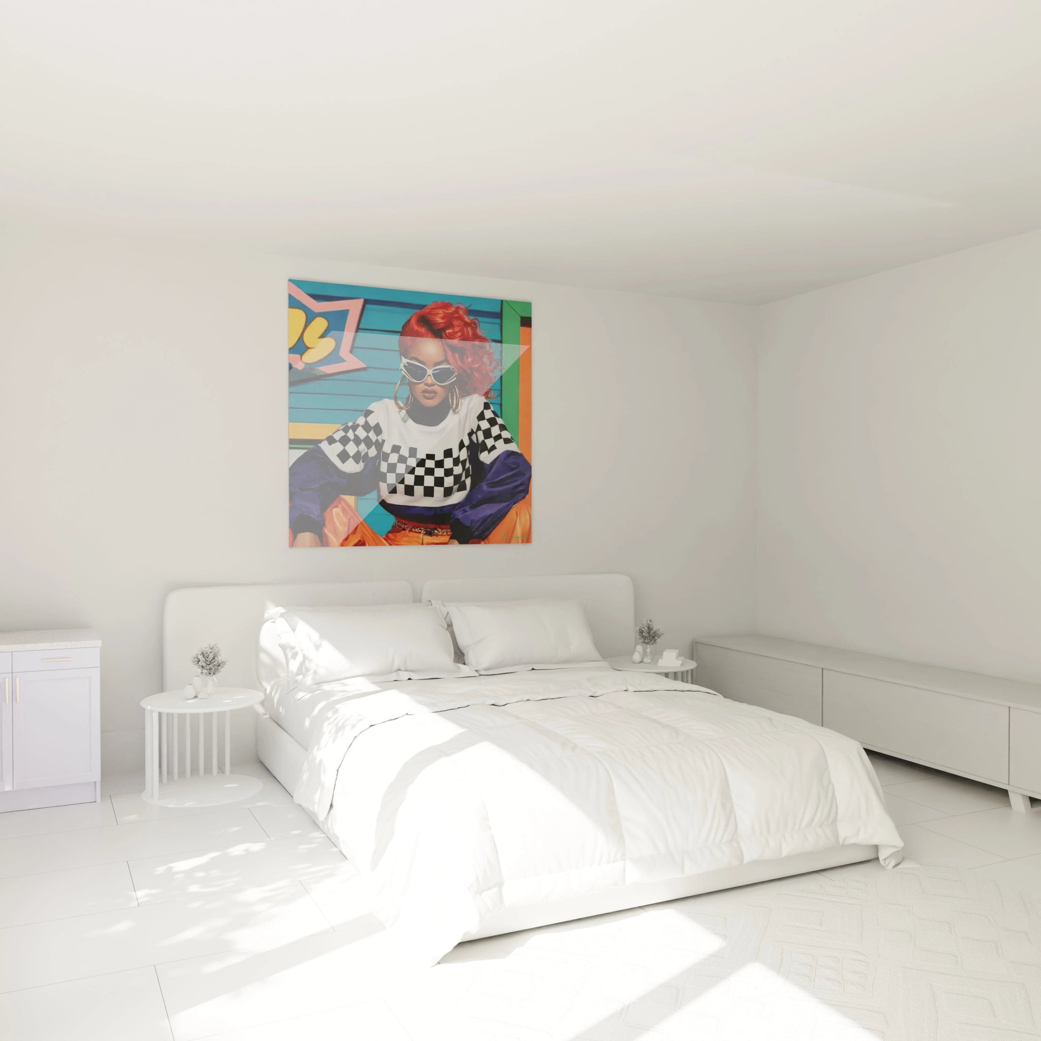 Tableau pop art urbain de Walensky mettant en valeur un design coloré dans une chambre moderne