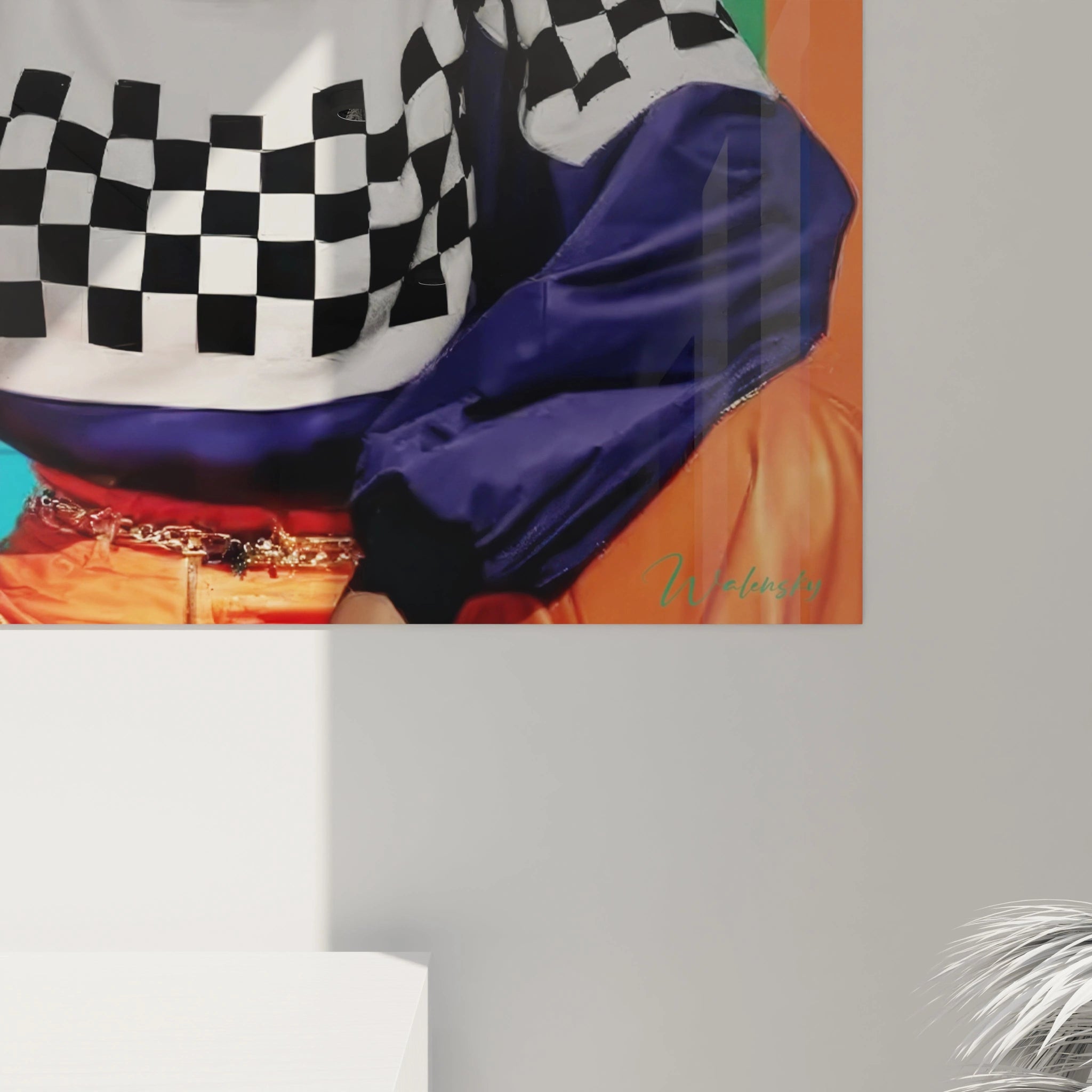 Tableau pop art urbain de Walensky avec des couleurs vives et un style moderne sur un mur.