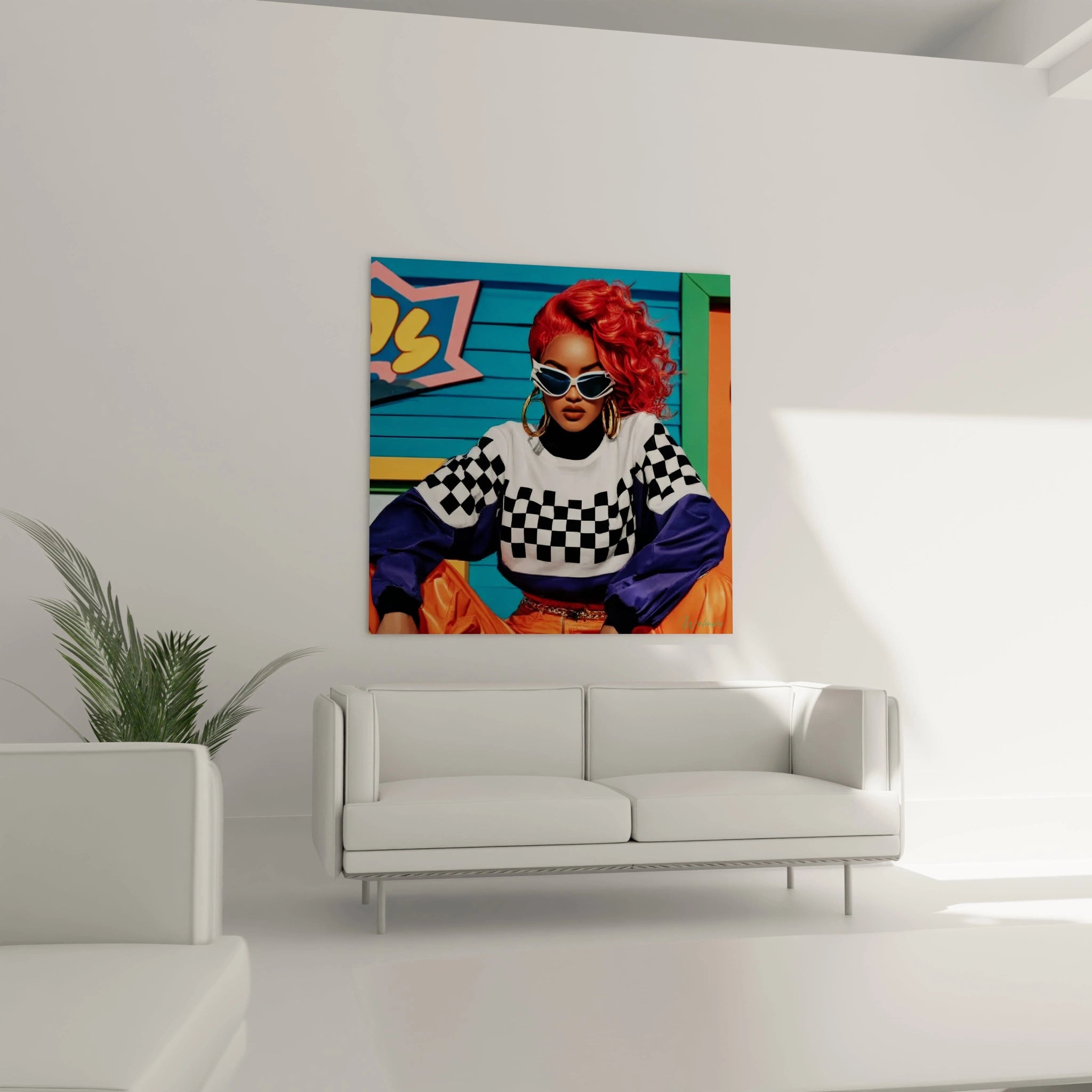 Tableau pop art urbain de Walensky représentant une femme avec des lunettes de soleil et des cheveux roux