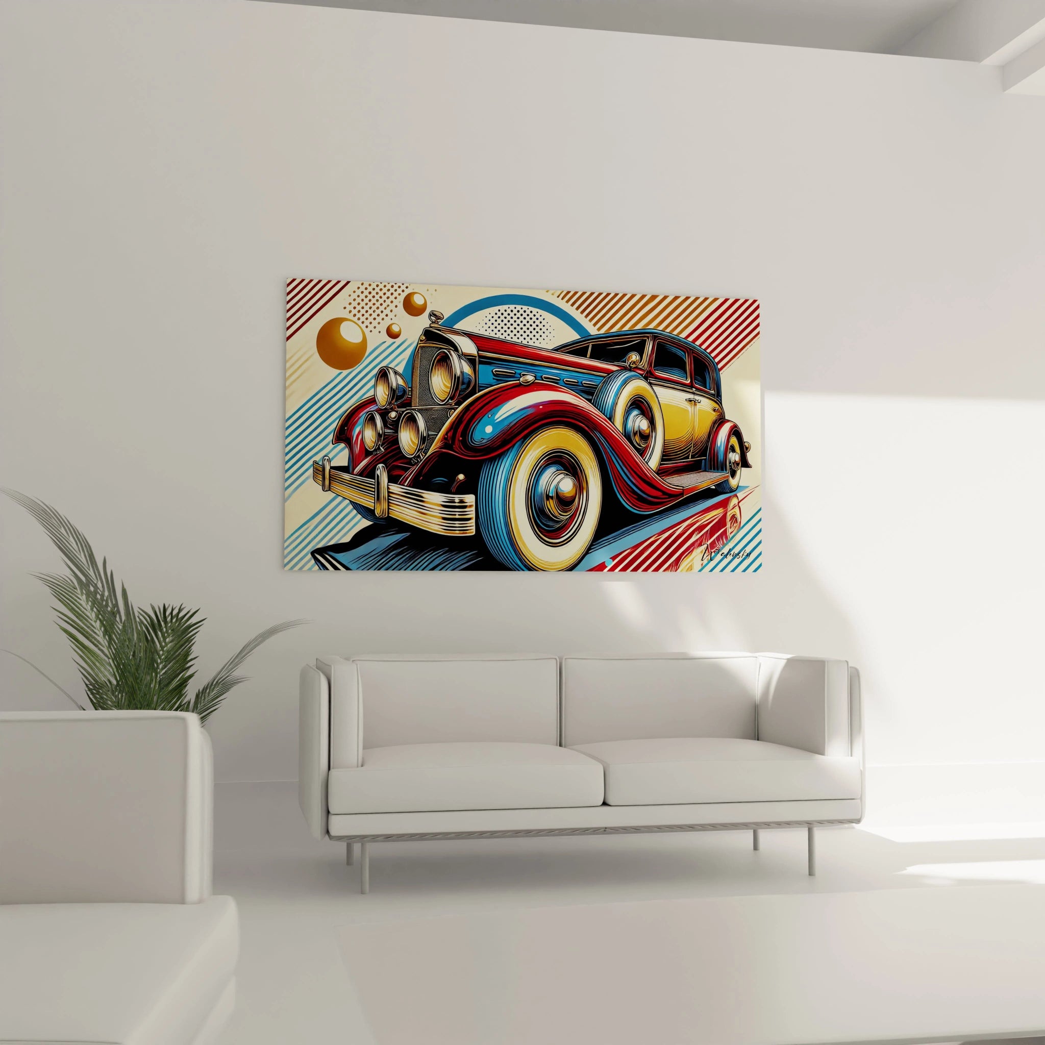 "Salon contemporain avec tableau en verre acrylique Pop Art / Rétro suspendu au-dessus du canapé. Art mural coloré et dynamique pour décoration intérieure de salon."