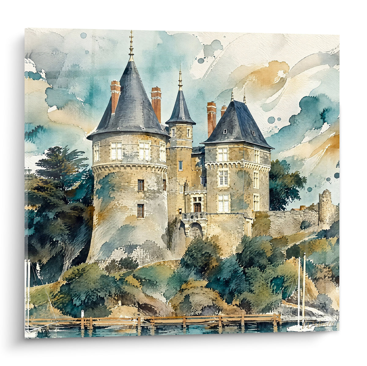 Château ocre aux toits ardoise peint à l'aquarelle, tourelles coniques et ciel bleu pastel doré