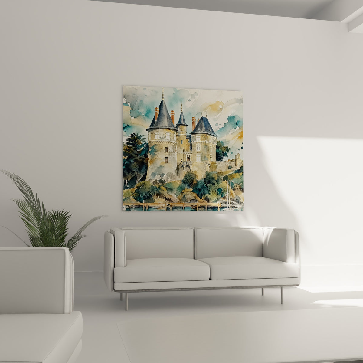 Château de pierre beige aux toits gris ardoise, entouré de verdure, suspendu au-dessus d'un canapé dans un salon lumineux