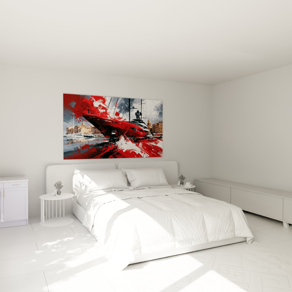 Bateau rouge et anthracite en pleine vitesse, tableau Port de Saint-Tropez au-dessus d'un lit dans une chambre claire