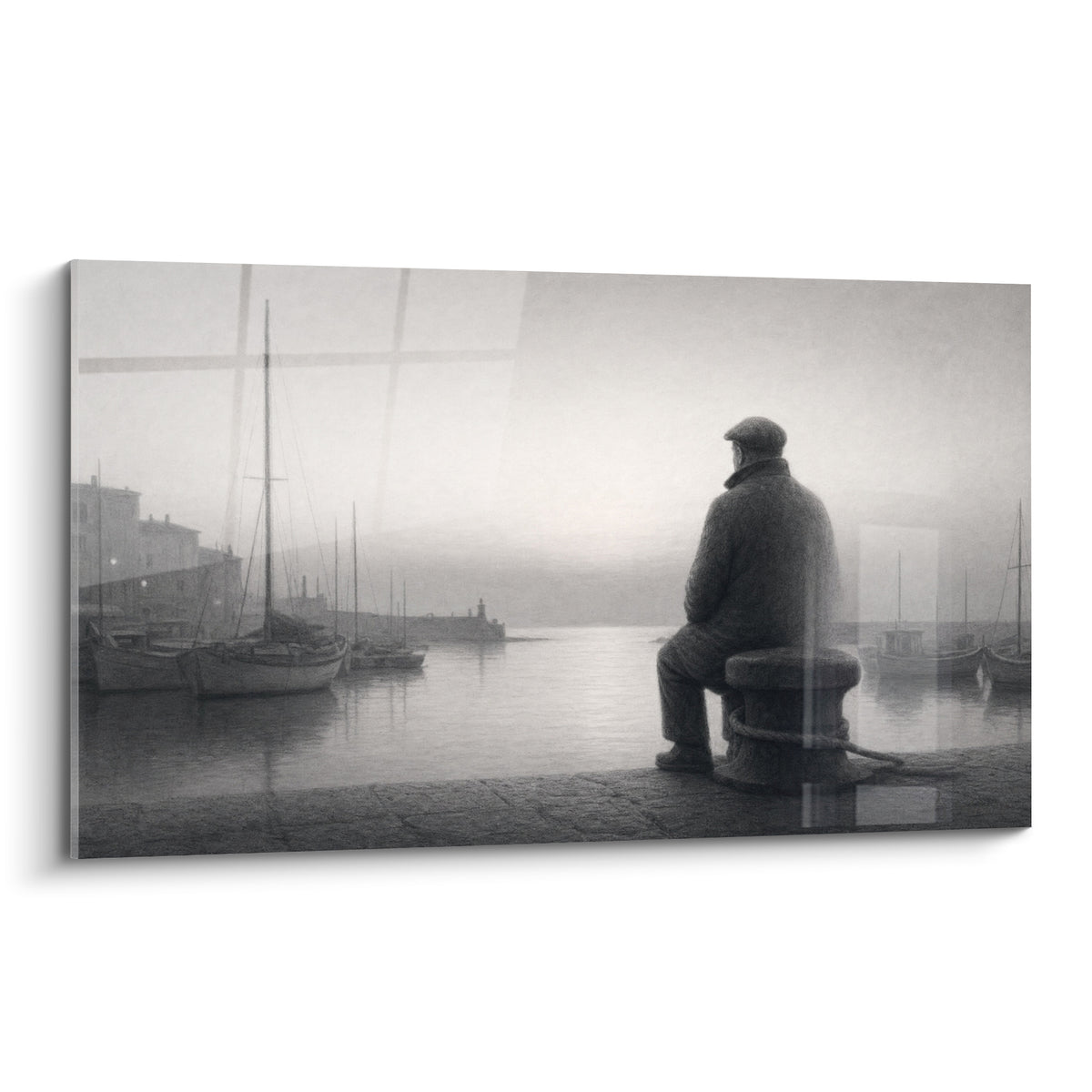 Marin gris anthracite assis sur bitte face aux voiliers blancs dans la brume du Port de Saint-Tropez
