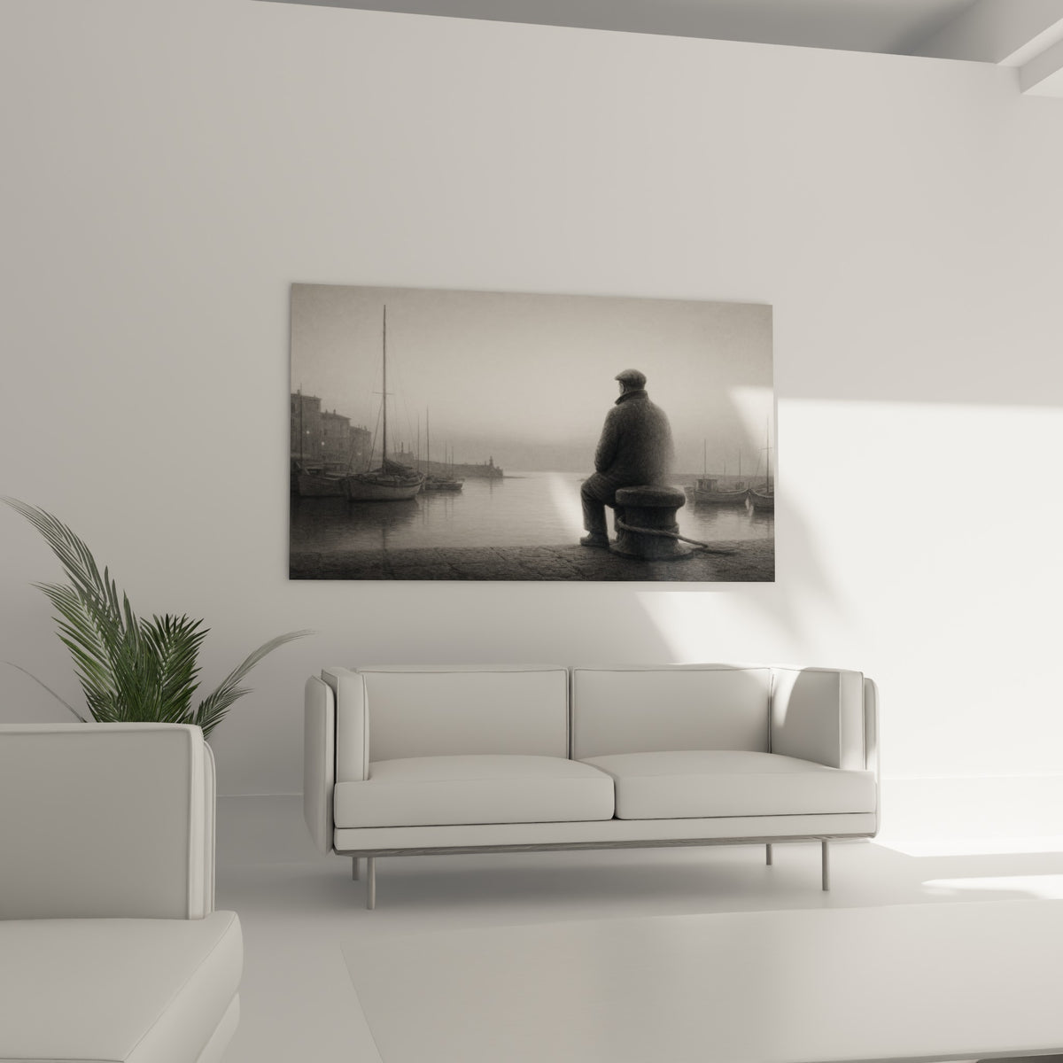 Homme en manteau anthracite assis face aux mâts blancs du port, tableau Port de Saint-Tropez au-dessus d'un canapé dans un salon lumineux