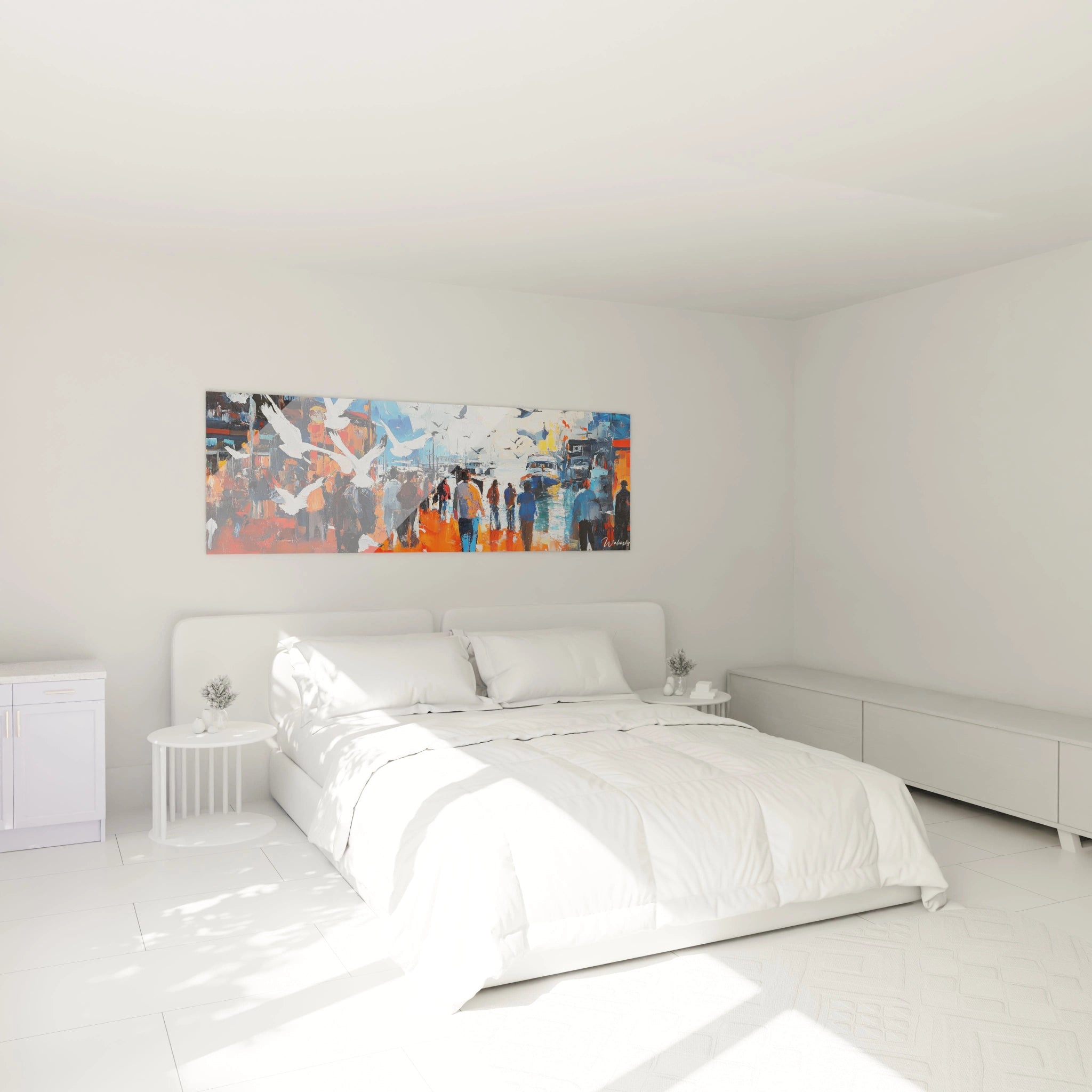 Tableau France coloré Walensky accroché au-dessus d'un lit blanc dans une chambre lumineuse moderne