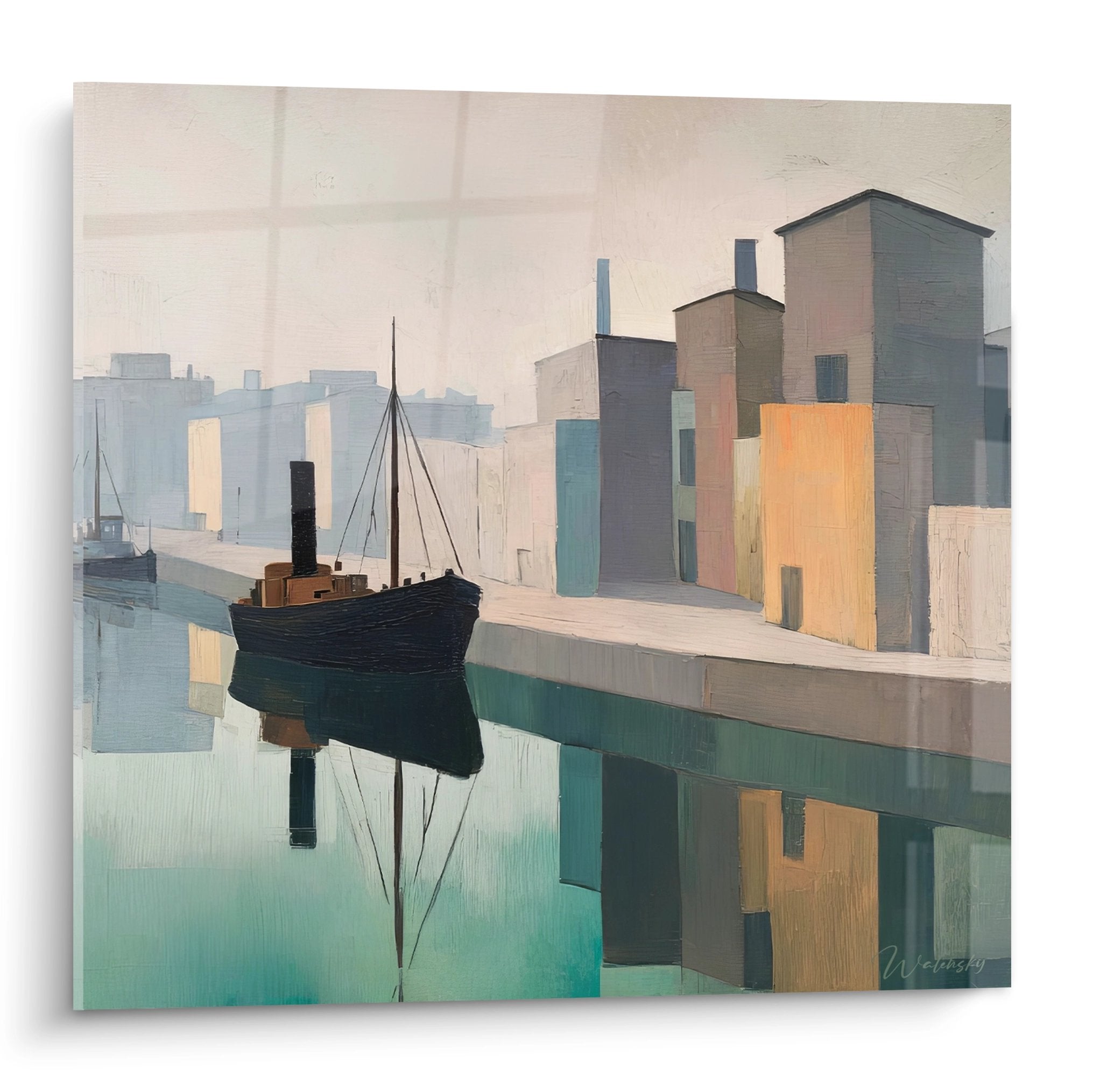 Tableau port industriel moderne avec bateau vintage et bâtiments colorés aux reflets aqua