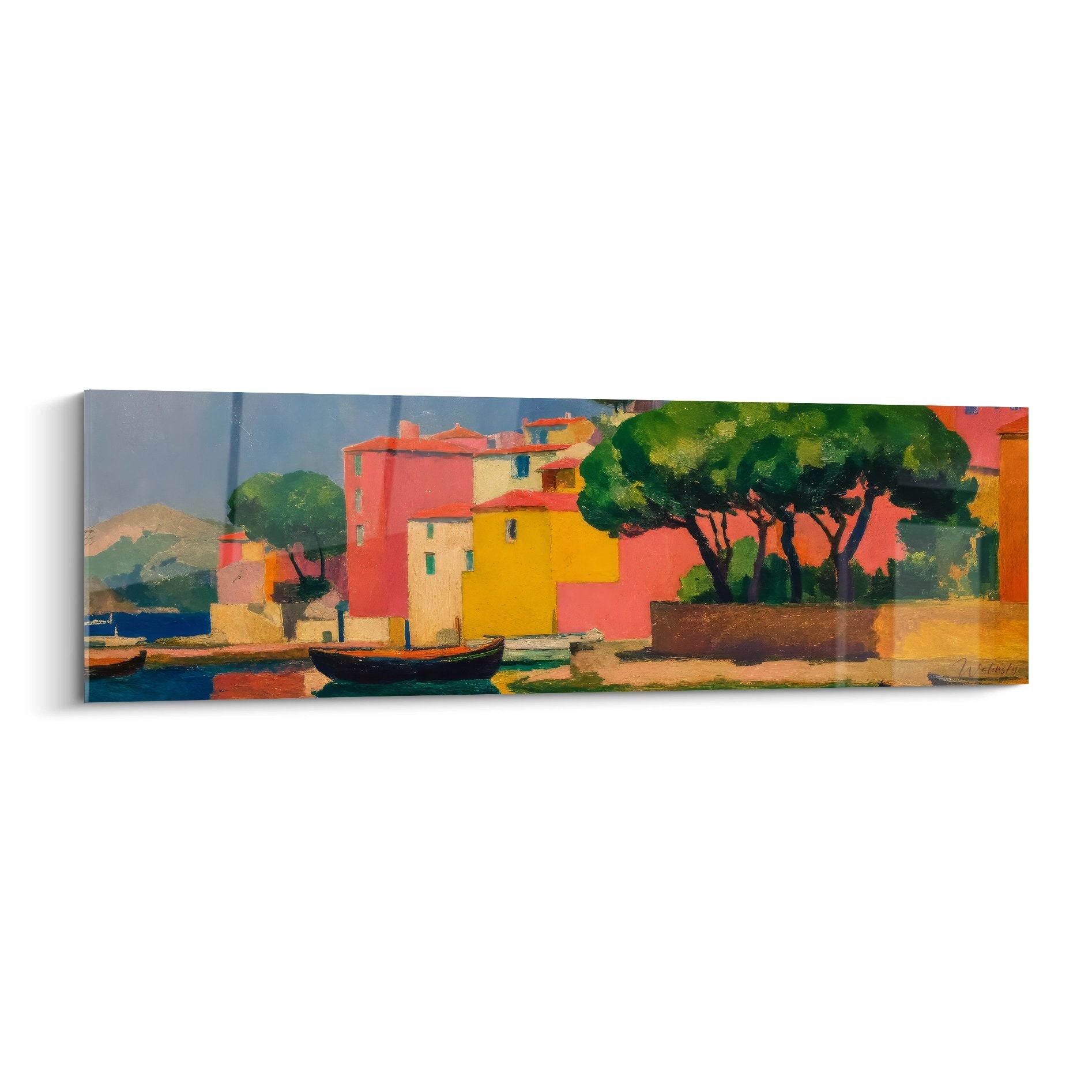 Tableau port méditerranéen coloré avec village côtier, bateaux et façades vives