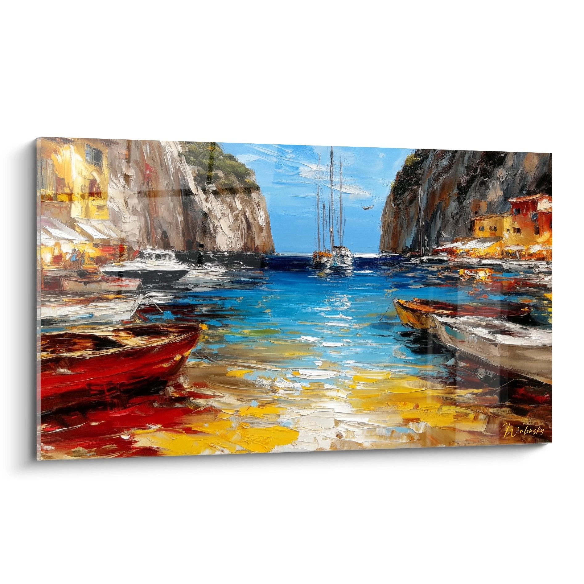 Tableau mural port méditerranéen avec bateaux colorés et falaises blanches marina côtière