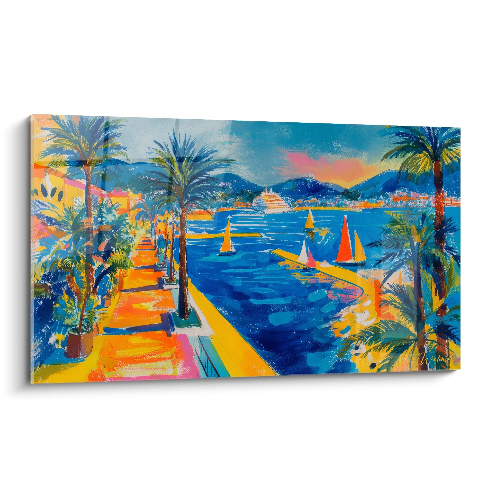 Tableau port méditerranéen palmiers voiliers colorés décoration murale bord de mer