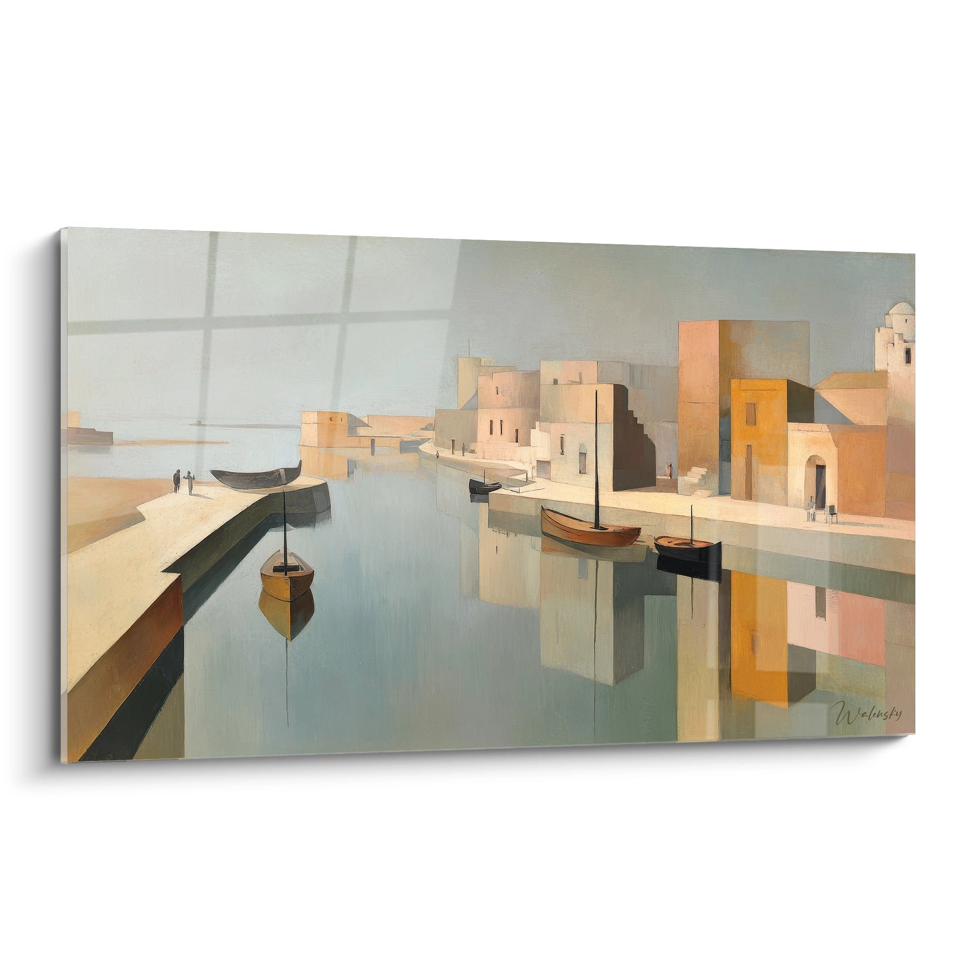 Tableau port méditerranéen avec bateaux et reflets dorés dans l'eau