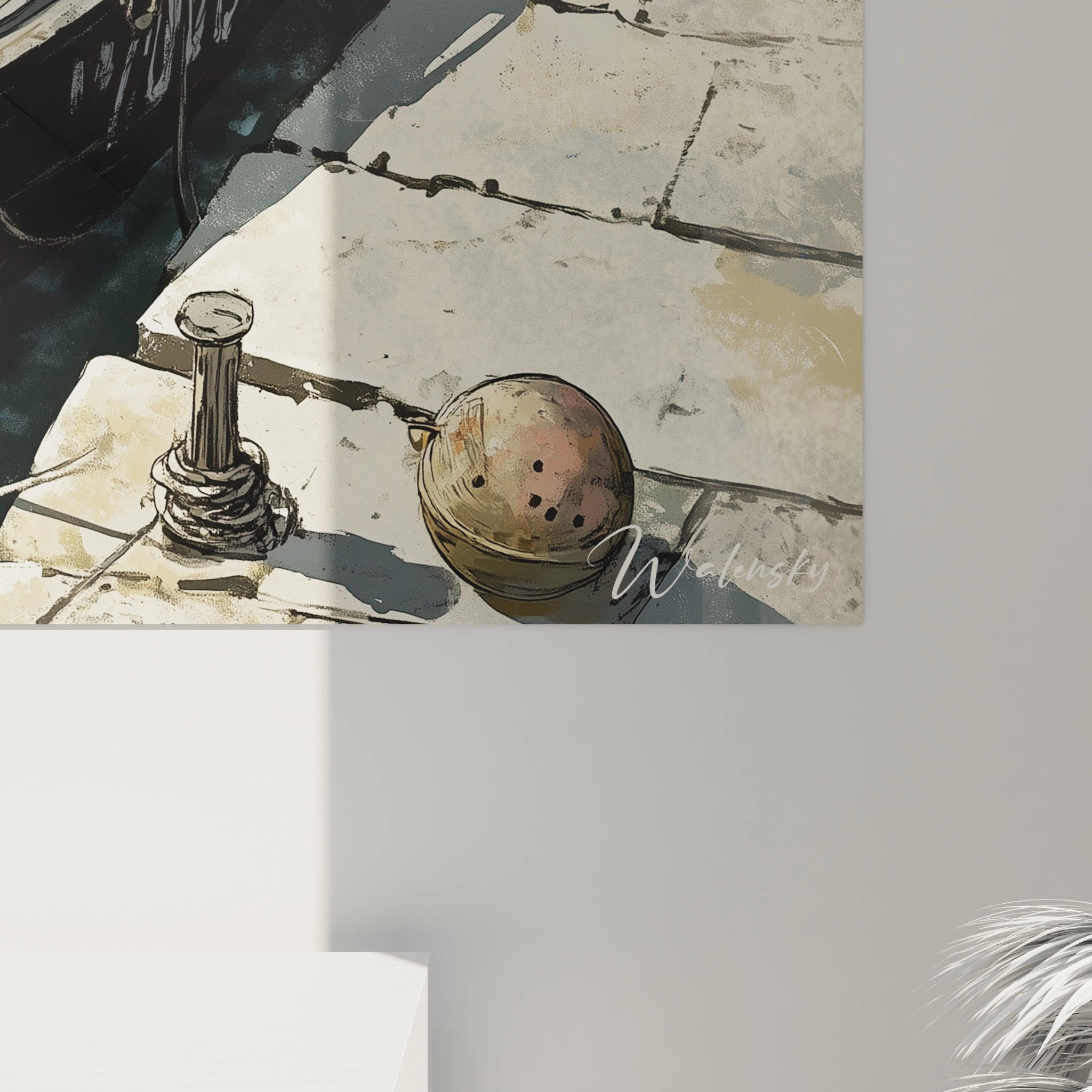 Un tableau port représentant des bateaux alignés, aux teintes marron et noir, contrastant avec l’eau bleu-gris et les détails rugueux du quai, mettant en avant des textures patinées et usées.