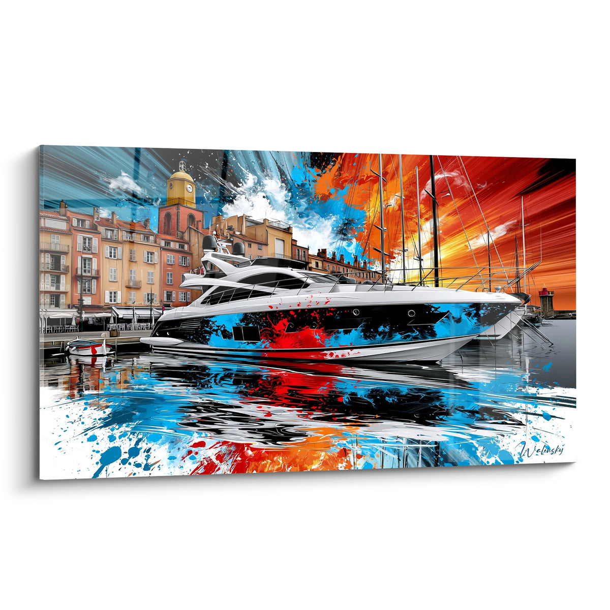 Yacht blanc éclaboussé de rouge et bleu, port méditerranéen sous ciel orange embrasé