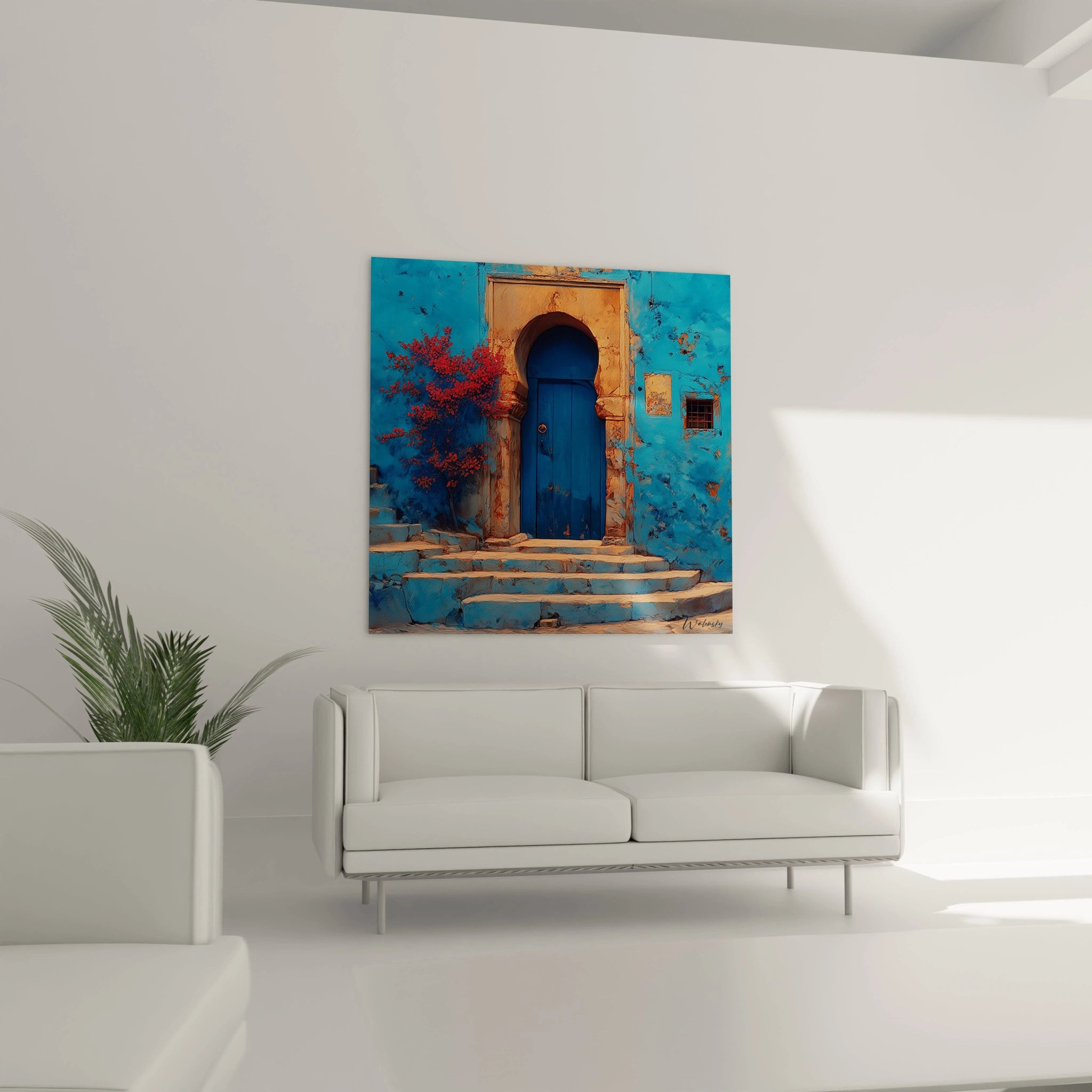 Tableau mural Walensky illustrant une porte orientale bleue sur escalier et fleurs rouges tableau porte orientalisme