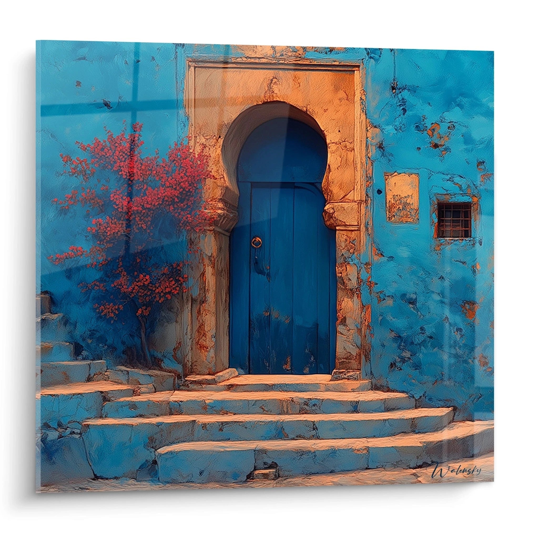 tableau porte orientalisme Walensky montrant une porte voûtée bleue murs patinés et marches en pierre
