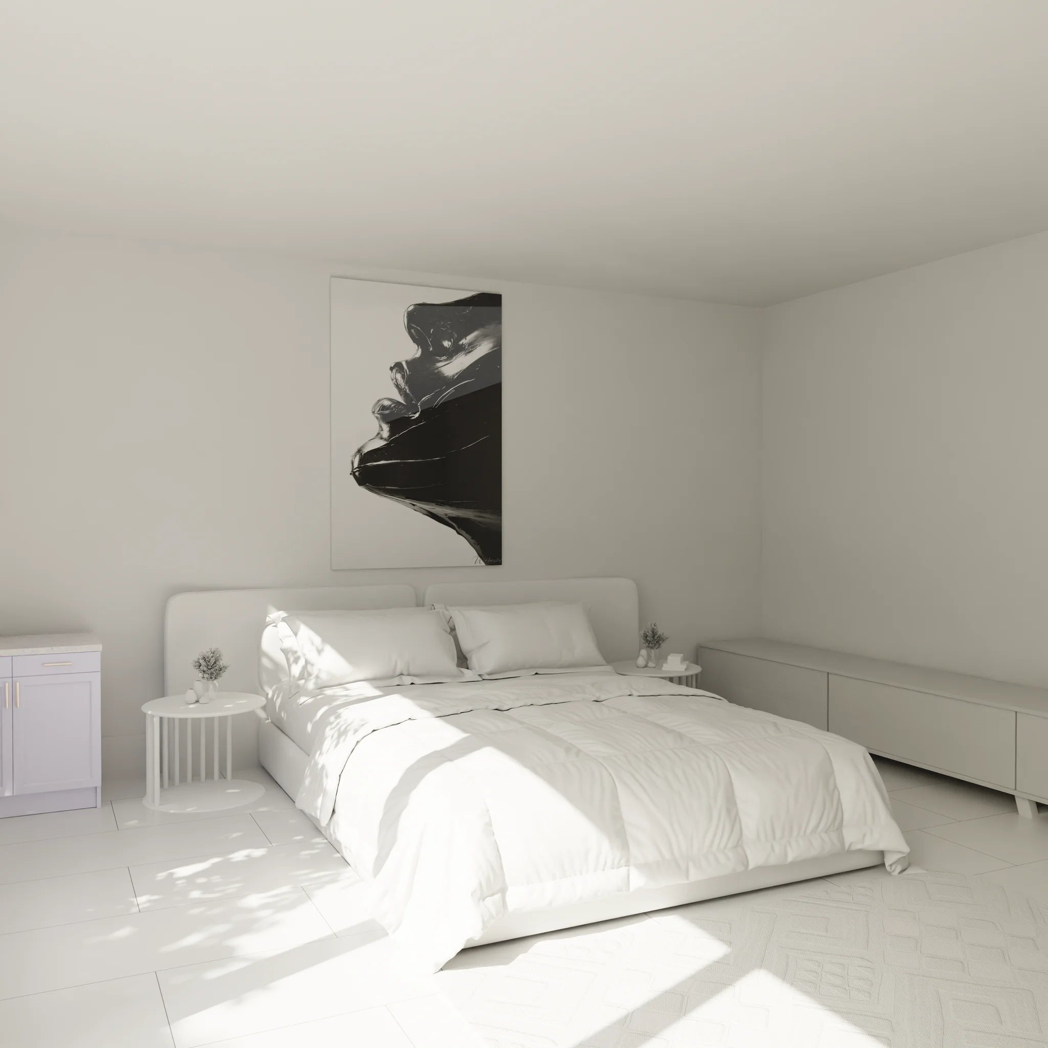 Tableau portrait abstrait noir blanc dans ambiance chambre contemporaine élégante