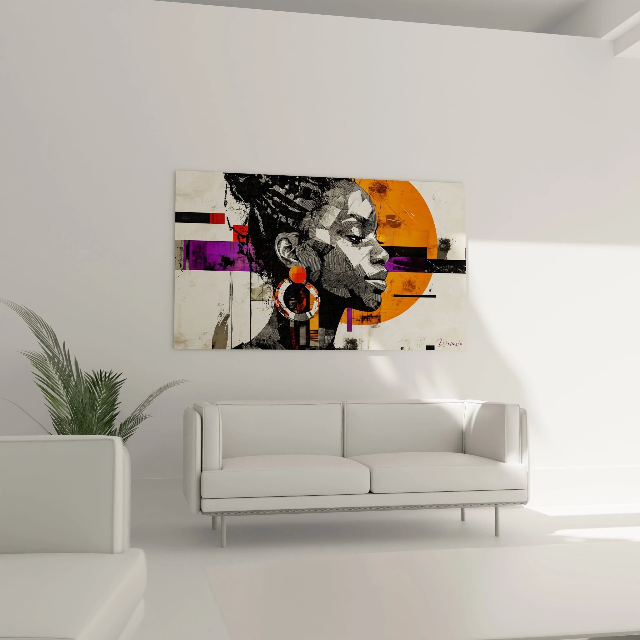Tableau africain mural Walensky représentant le profil d'une femme avec des couleurs vibrantes en décoration intérieure