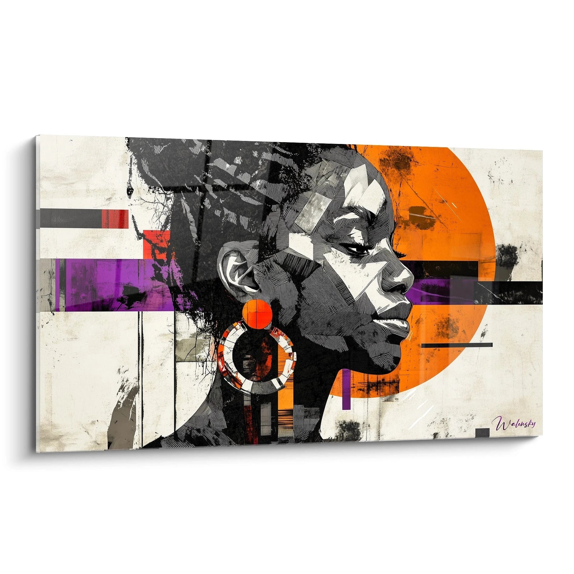 Tableau africain mural de profil de femme avec earrings orange et motifs géométriques colorés