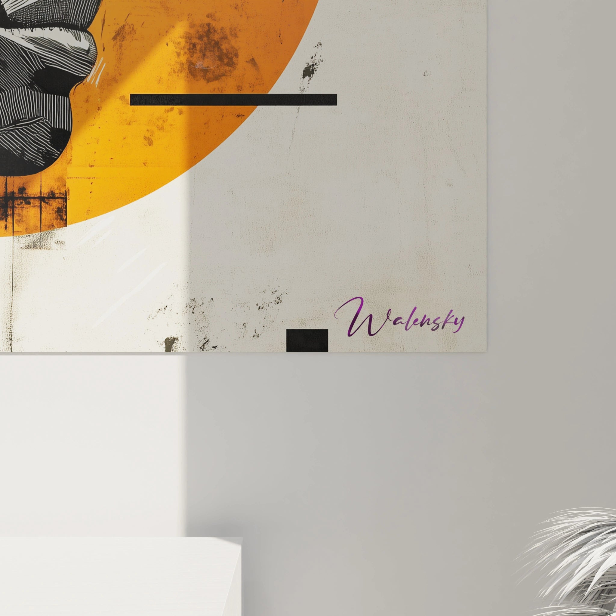 Tableau africain mural signé Walensky avec motifs abstraits noirs et cercle orange