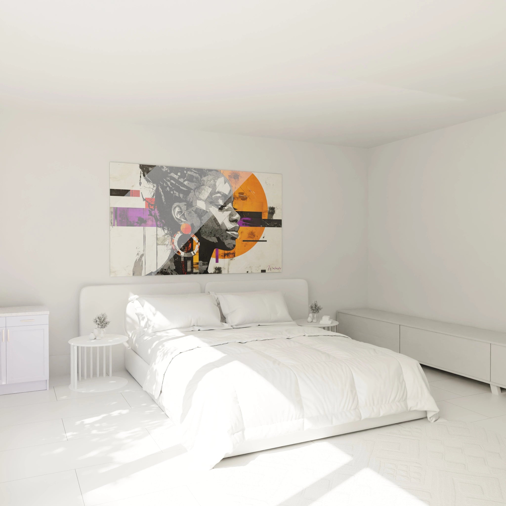 Tableau africain mural Walensky représentant portrait femme en noir blanc avec accents orange dans chambre moderne