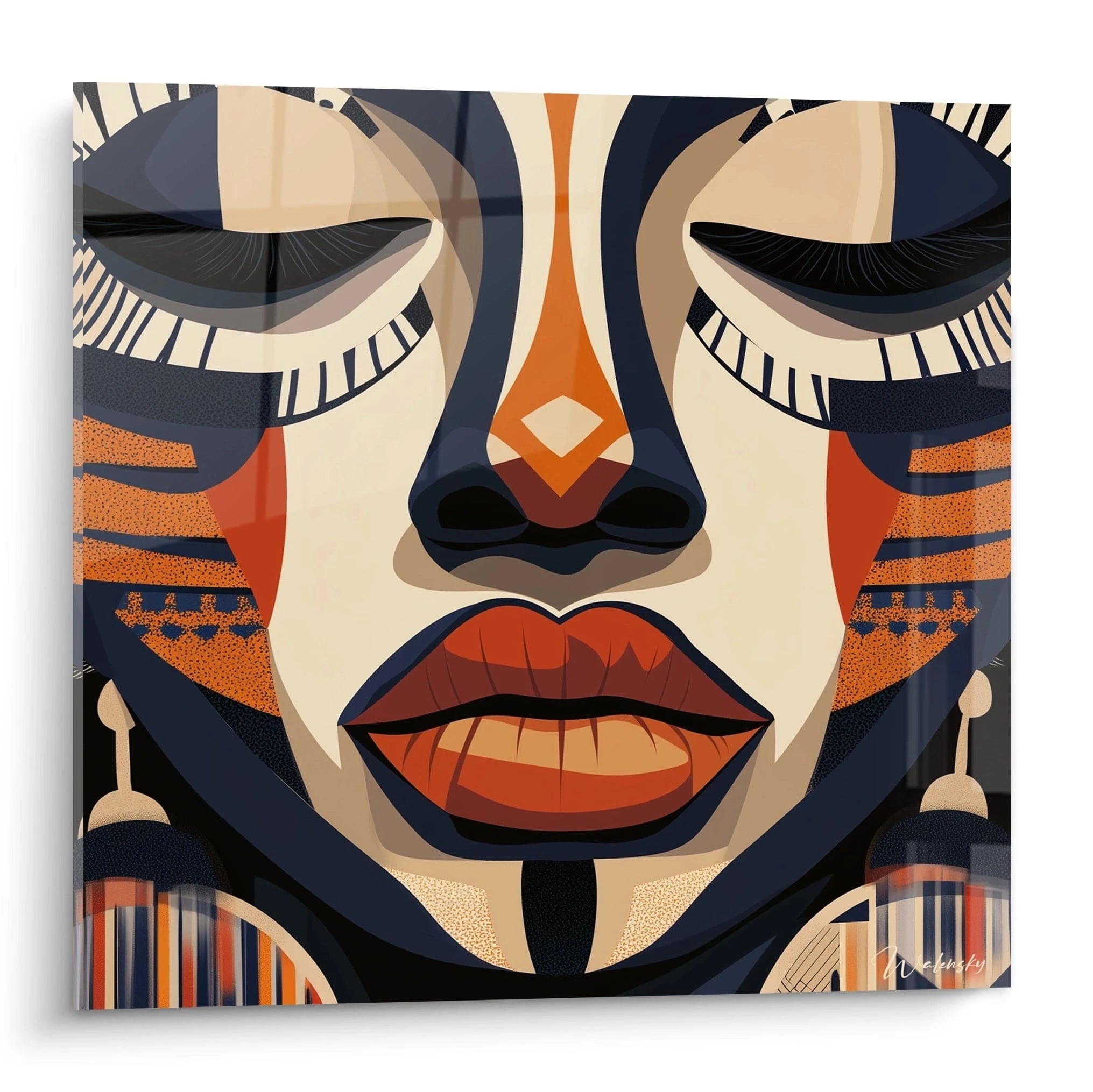 Tableau africain mural Walensky représentant un visage féminin stylisé avec motifs ethniques en orange et bleu