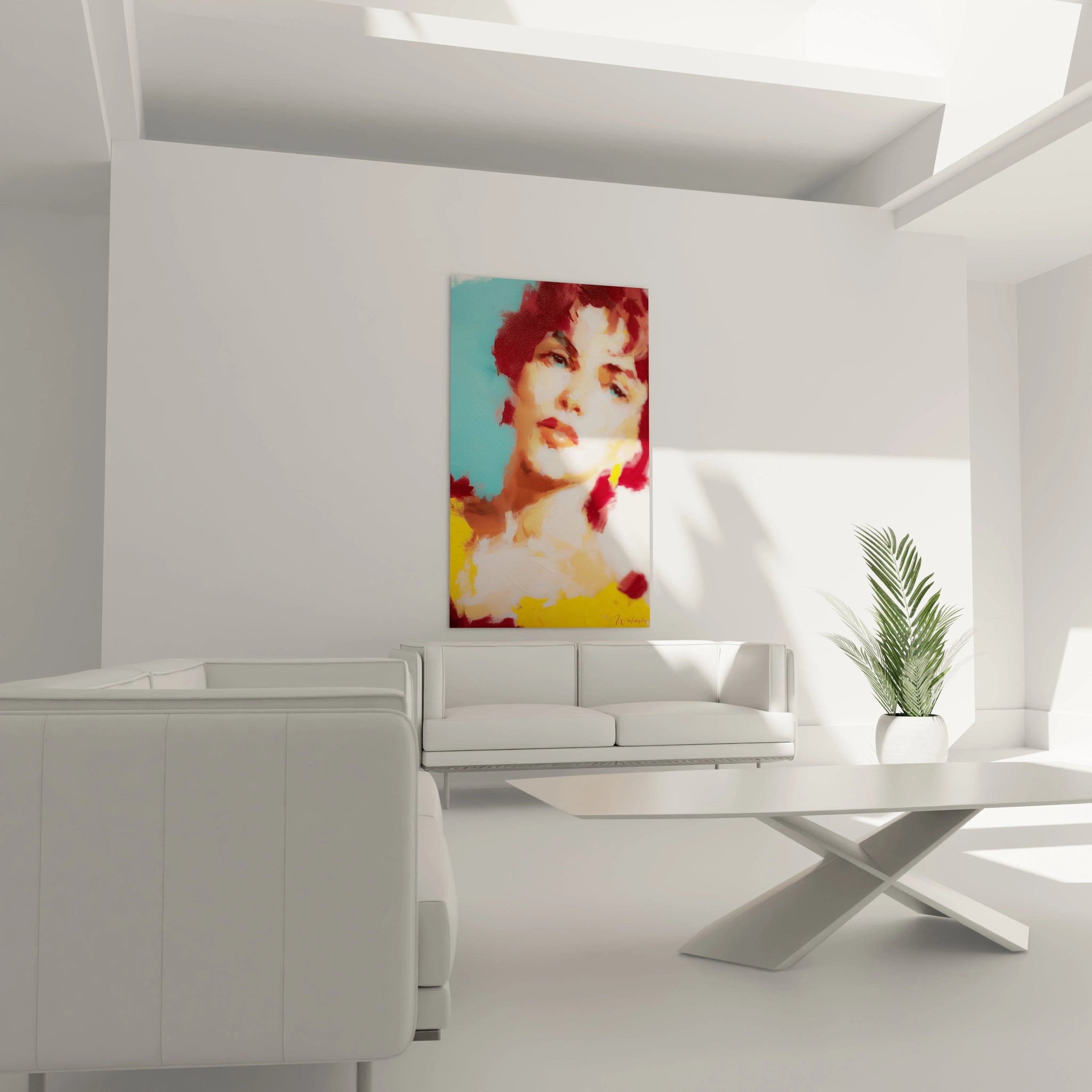 tableau impressionniste portrait moderne Walensky grand oeuvre mural visage a motifs couleurs vives pour salon contemporain