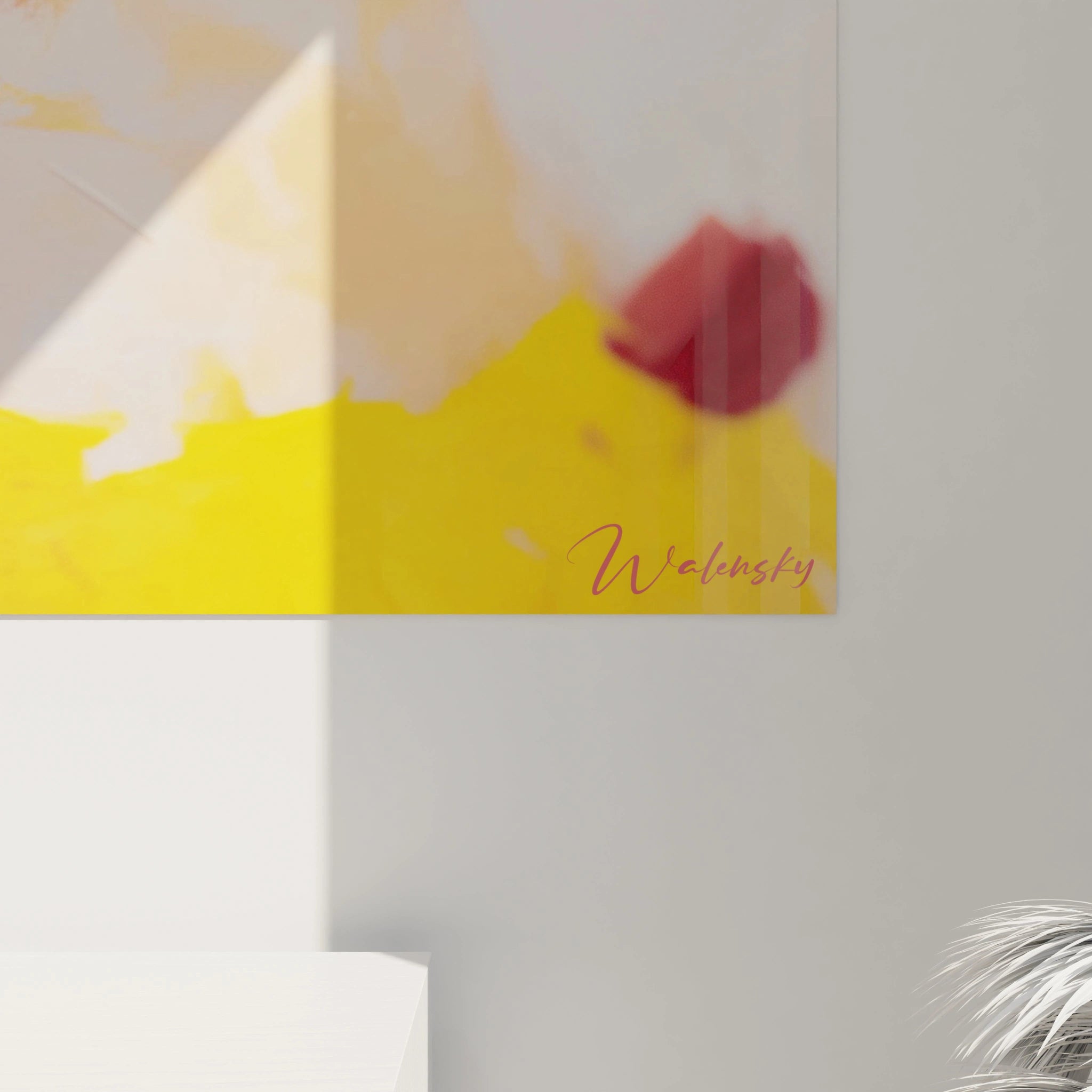 Tableau Walensky plexi abstrait jaune et rouge signé sur mur minimaliste tableau impressionniste portrait moderne