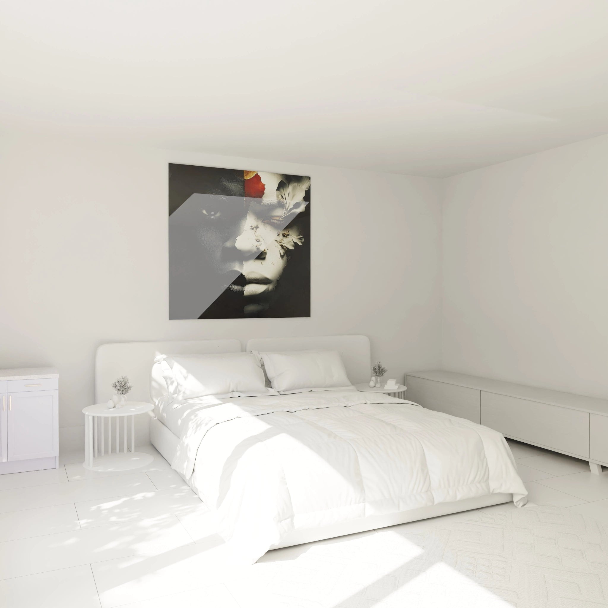 Tableau mural portrait africain contemporain de Walensky décorant une chambre moderne avec des tons neutres