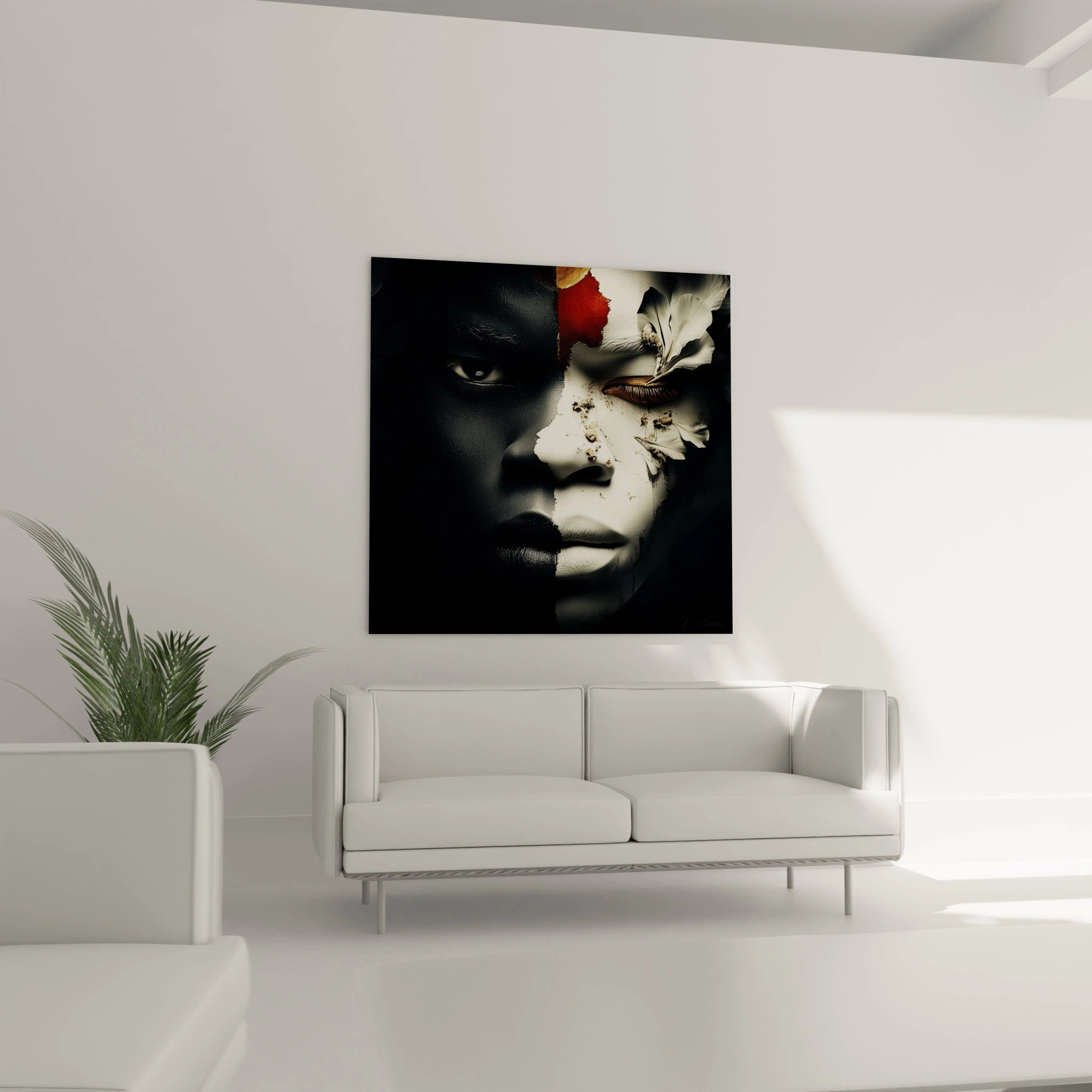 Tableau portrait africain contemporain avec une fusion artistique de visages et de fleurs
