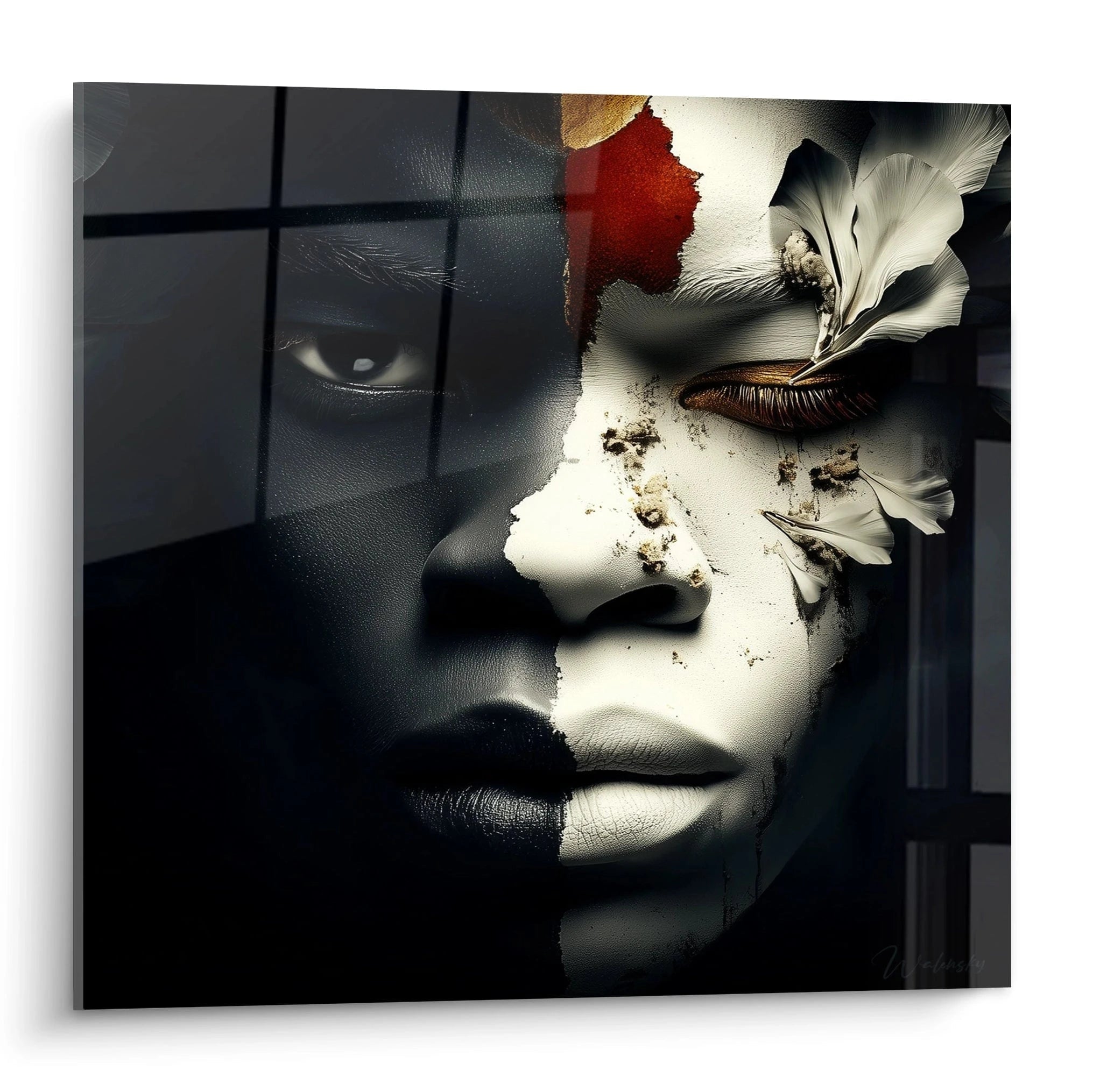 Tableau mural portrait africain contemporain avec des éléments floraux et un design artistique unique