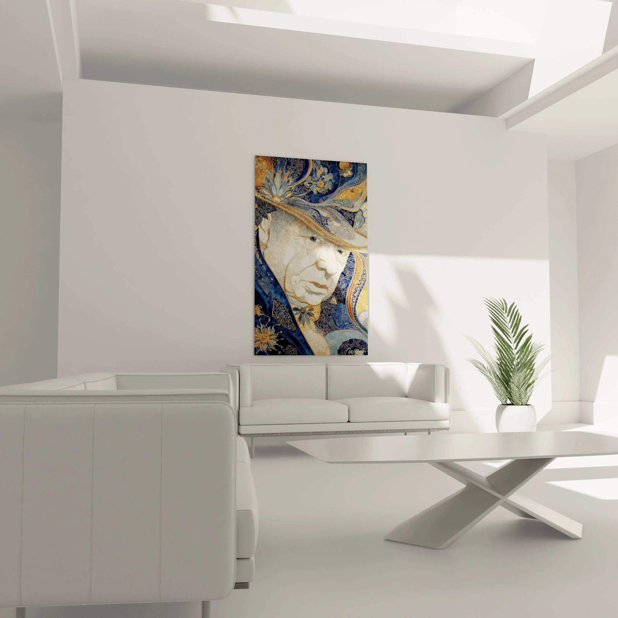 Tableau mural Walensky tableau portrait Winston Churchill stylise bleu et or accroche au dessus d un canape moderne