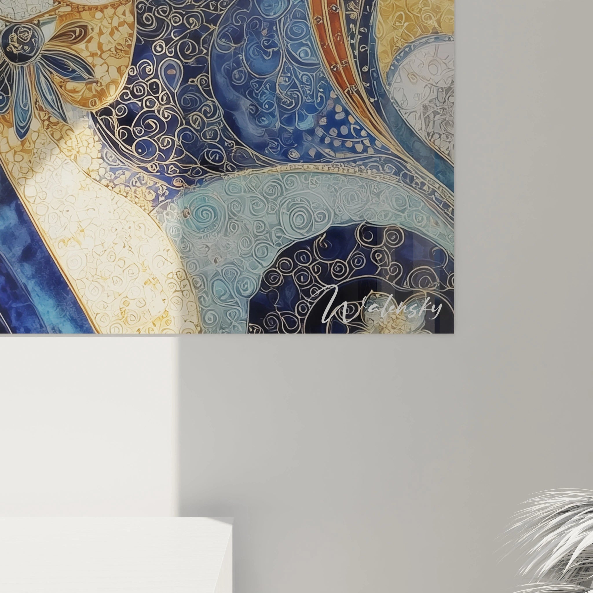 Tableau mural Walensky motif abstrait bleu et doré sur toile avec signature visible tableau portrait Winston Churchill