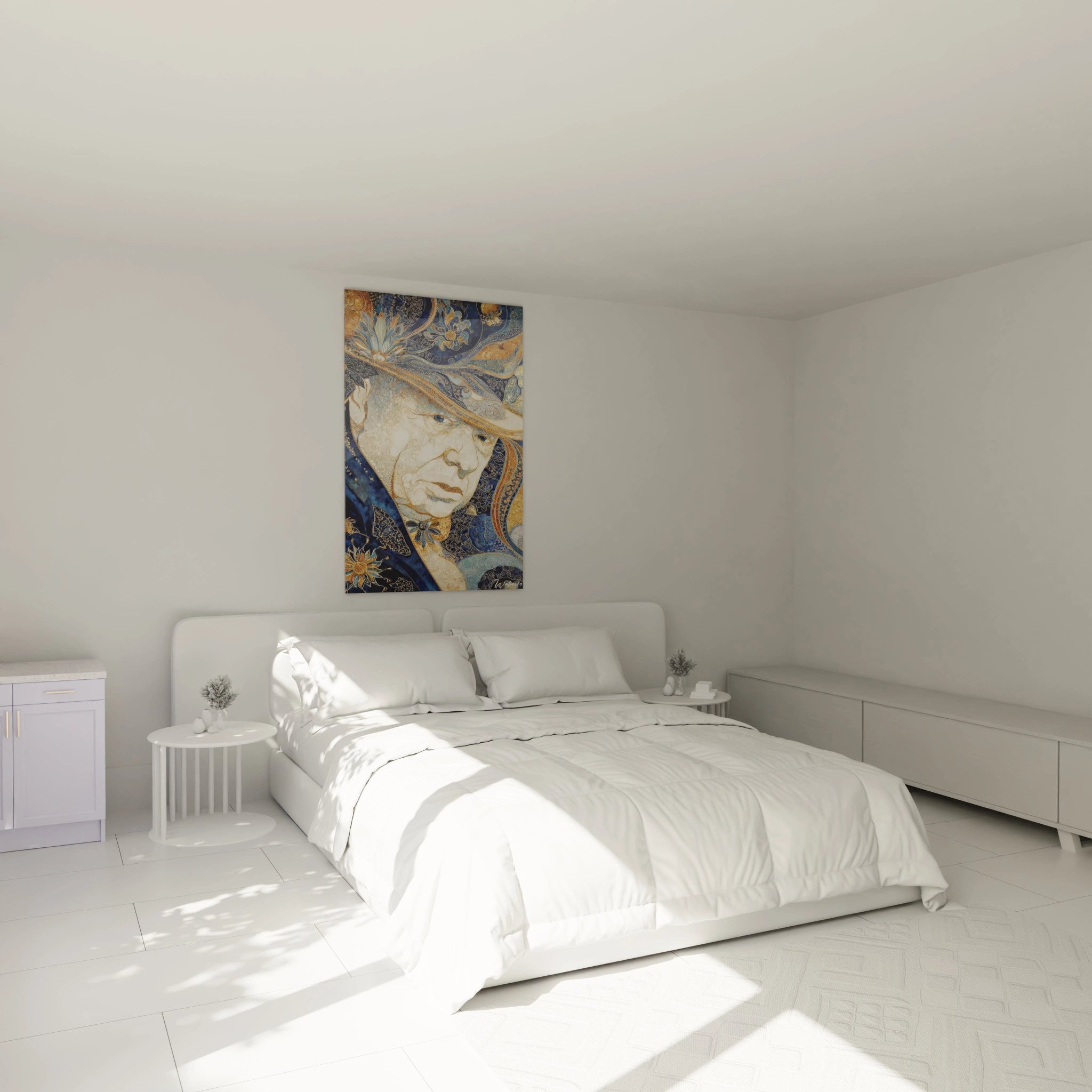 Tableau mural Walensky affichant un tableau portrait Winston Churchill stylise en bleu et or au dessus d un lit minimaliste