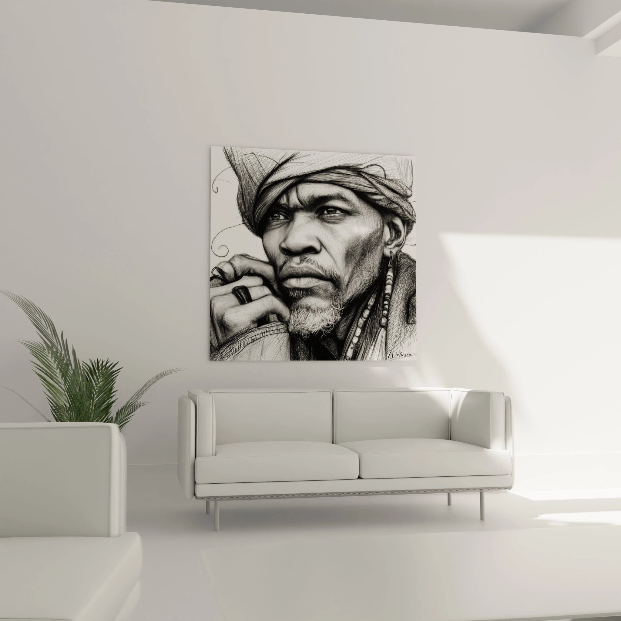 Tableau portrait africain contemporain de Walensky accroché au mur au-dessus d'un canapé moderne