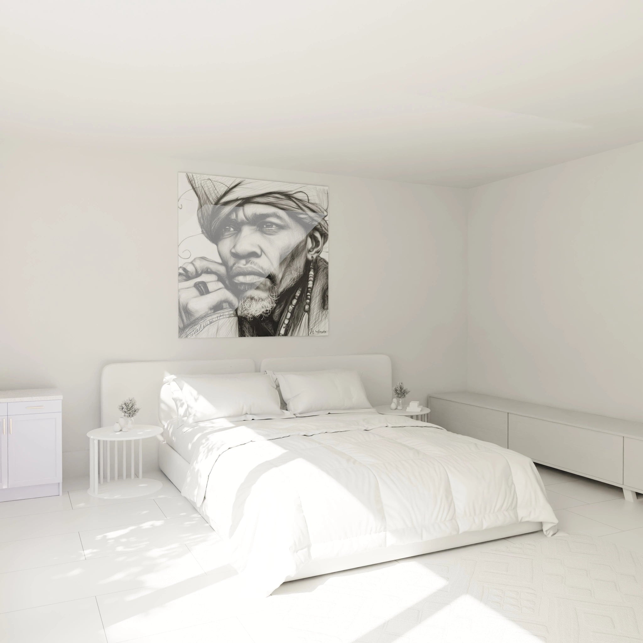 Tableau mural portrait africain contemporain de Walensky accroché dans une chambre lumineuse et moderne