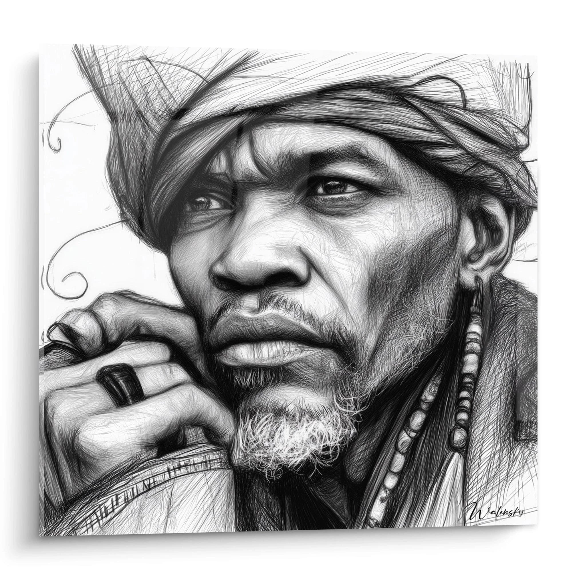 Tableau portrait africain contemporain en noir et blanc d'un homme pensif portant un turban