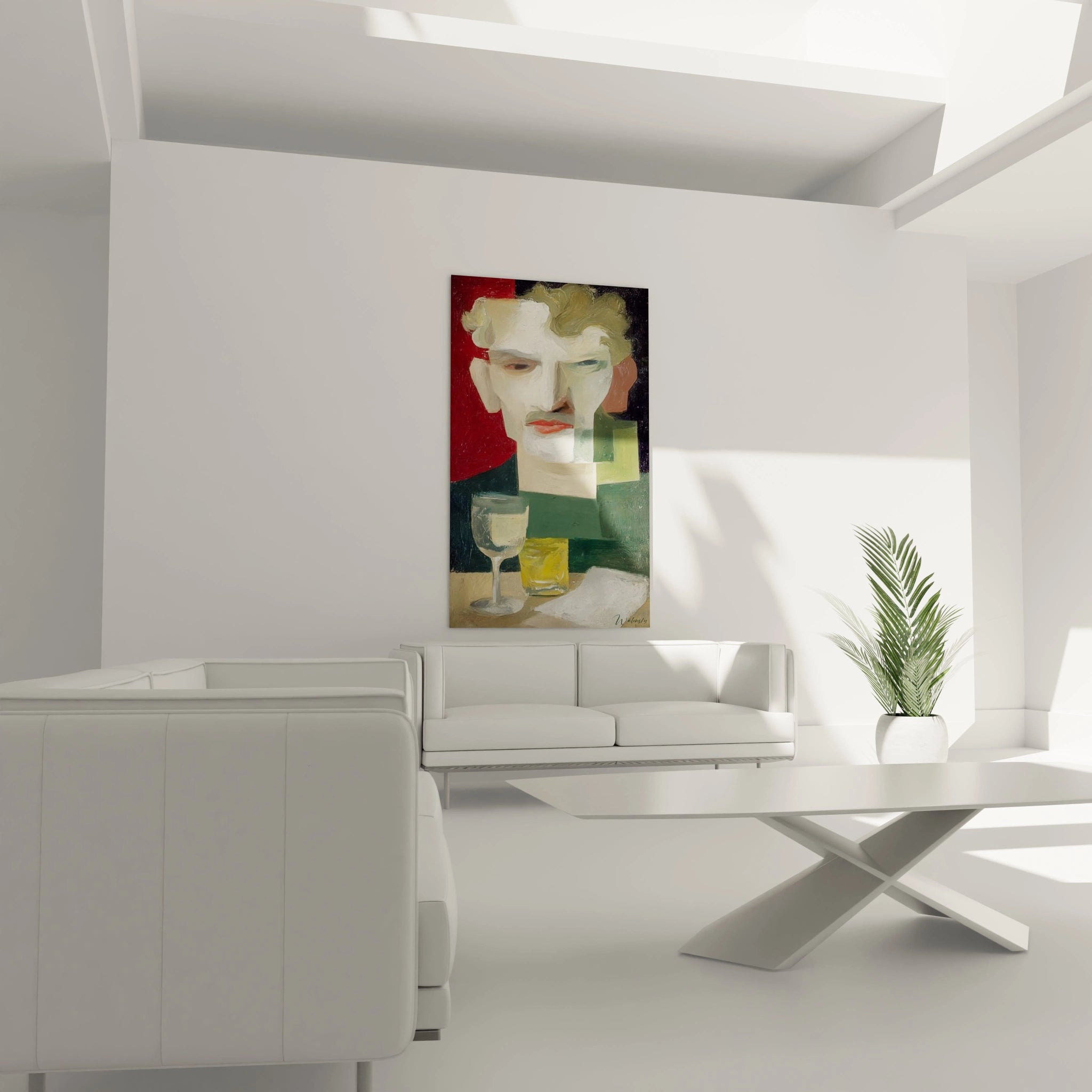 Tableau mural Walensky tableau dadaïsme moderne portrait abstrait coloré accroché au dessus d'un canapé blanc minimaliste