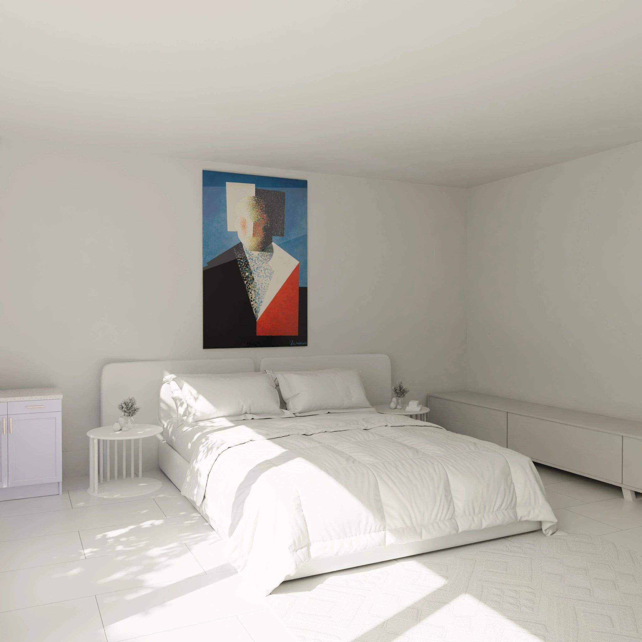 tableau constructivisme portrait Walensky accroché au dessus d un lit blanc dans une chambre minimaliste