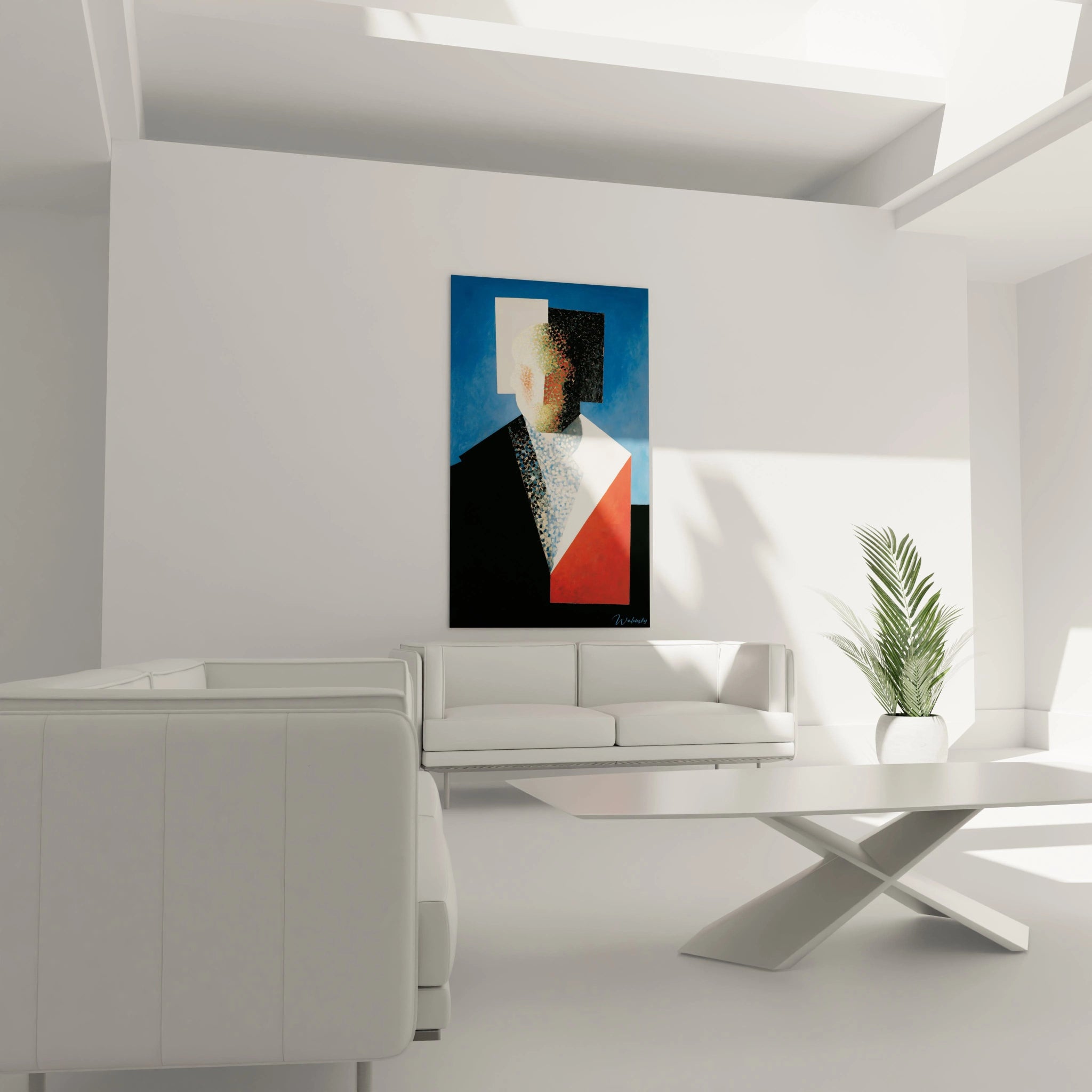 tableau constructivisme portrait Walensky accroché au mur du salon minimaliste blanc avec canapé et table basse