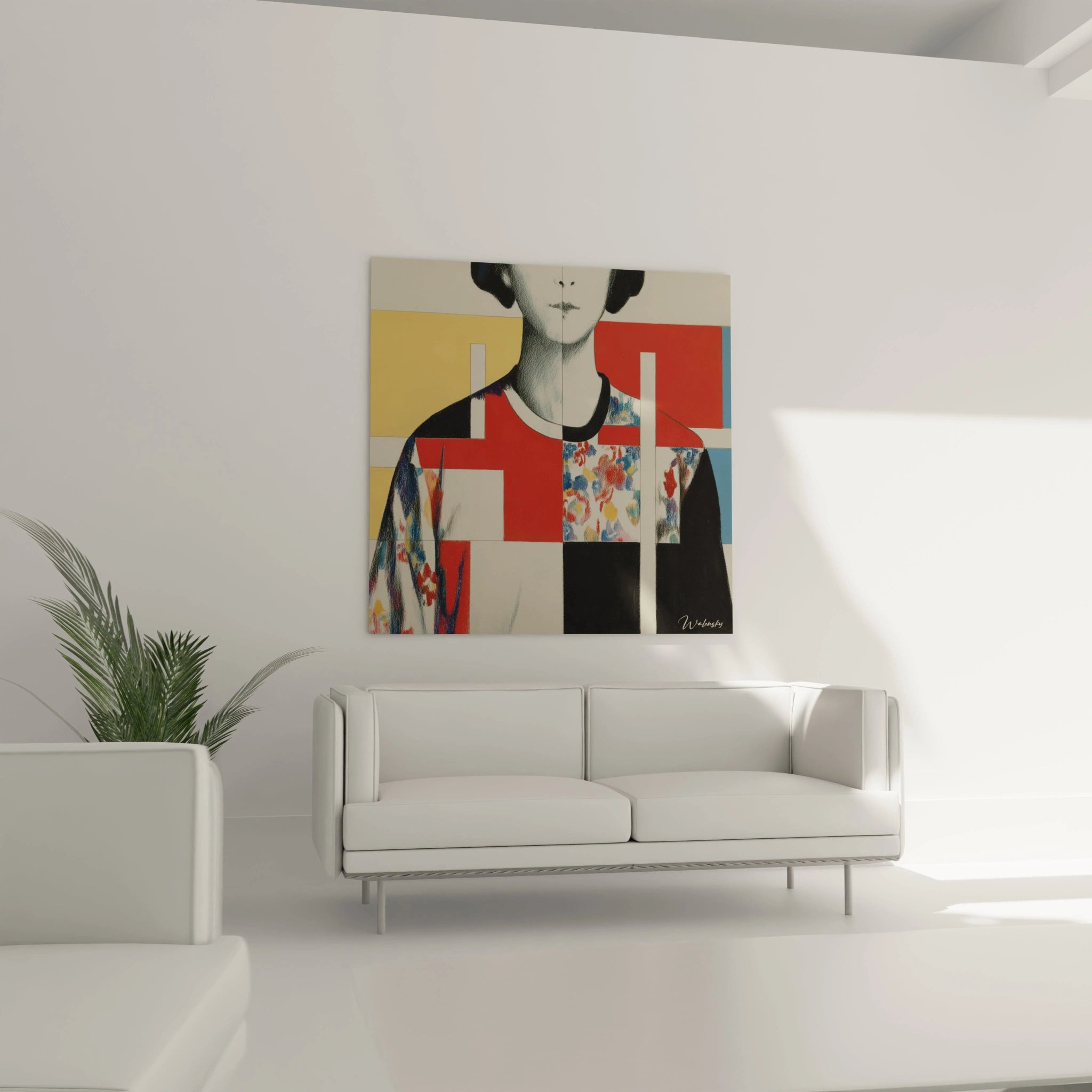 Tableau mural portrait féminin constructiviste aux blocs rouges jaunes motifs floraux tableau architecture humaine constructivisme