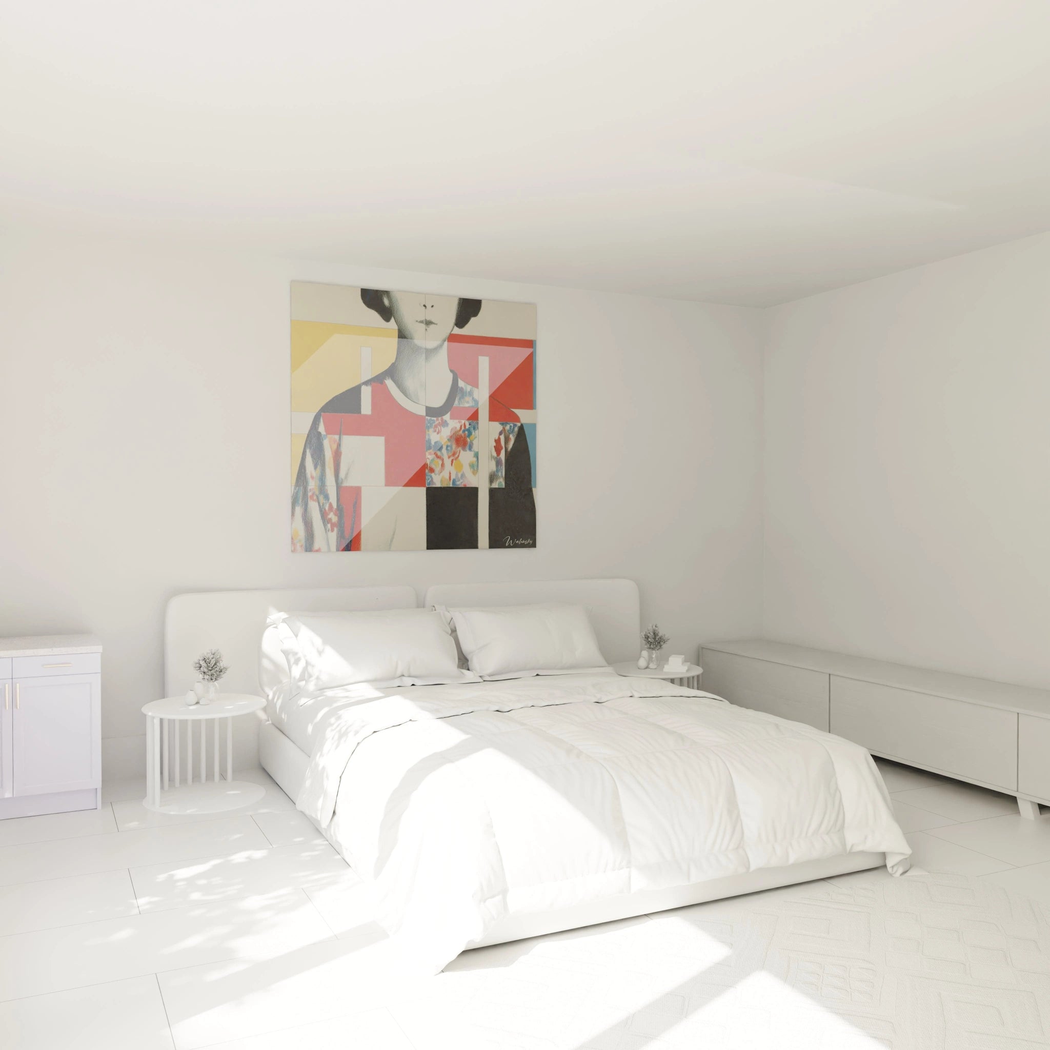 Chambre blanche minimaliste avec lit et tableau mural Walensky tableau architecture humaine constructivisme au dessus du lit
