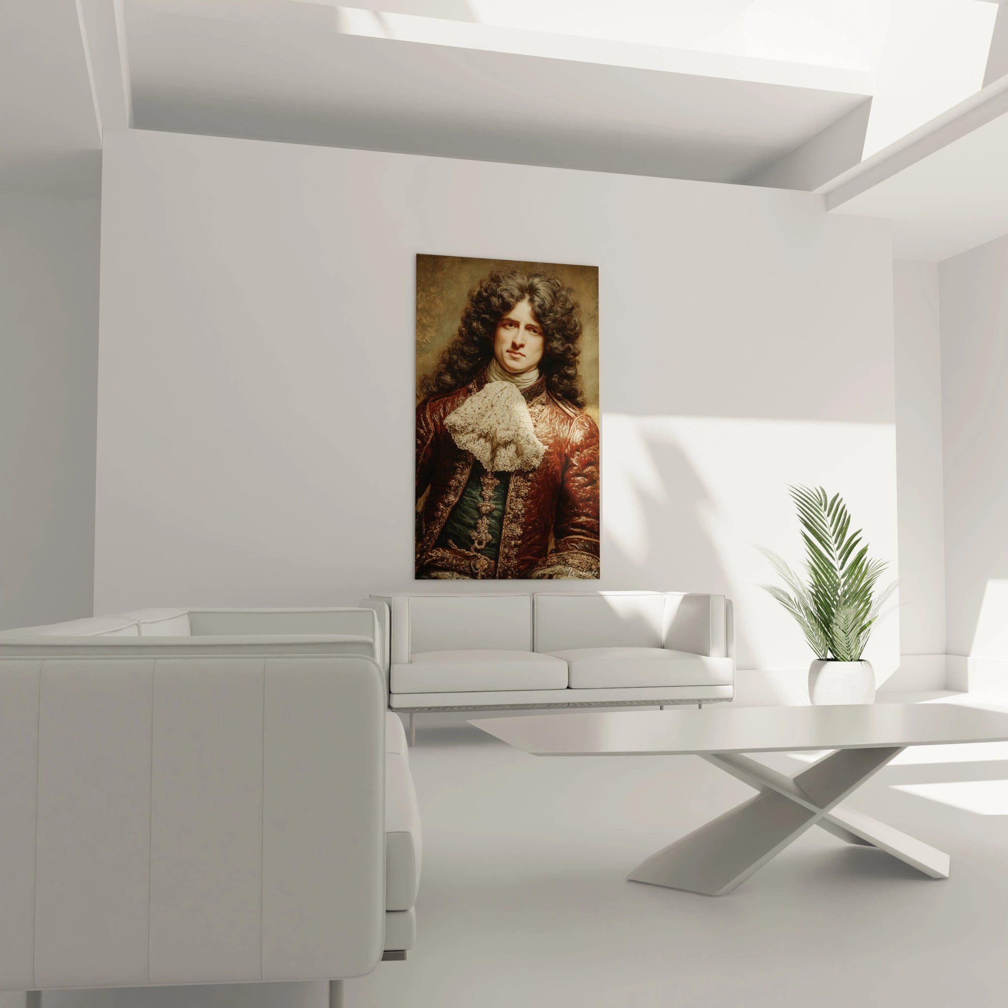 tableau portrait aristocrate Louis XIV accroche au mur salon moderne blanc par Walensky