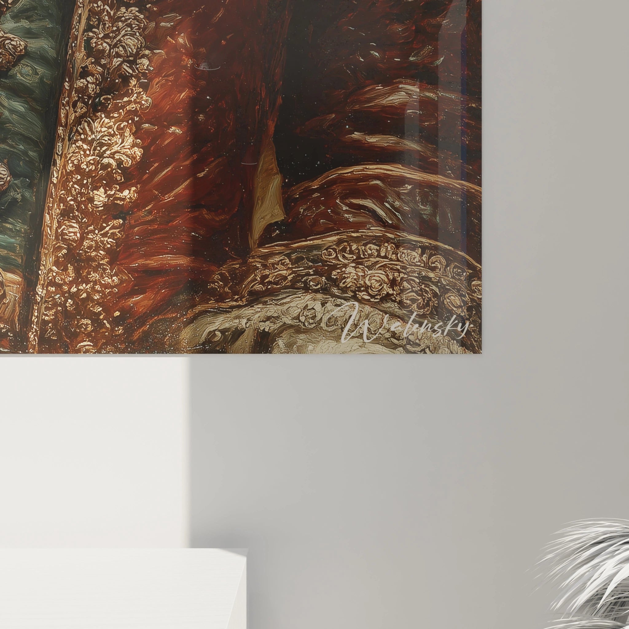 Gros plan tableau mural Walensky broderies dorées et textures peintes du tableau portrait aristocrate Louis XIV