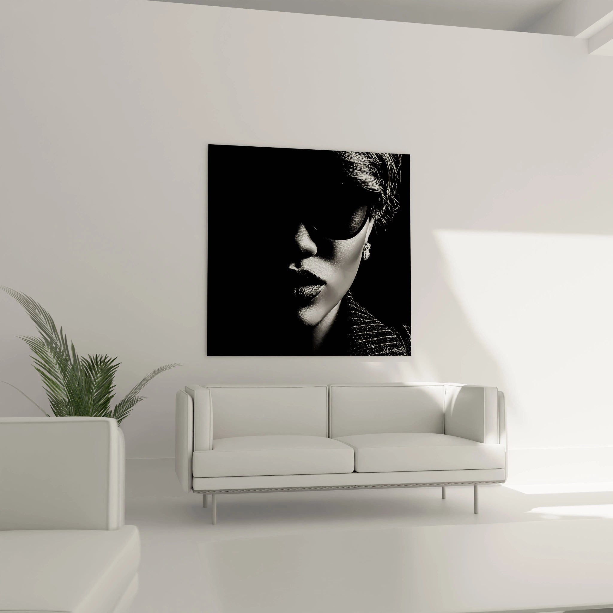 Tableau portrait noir et blanc de femme mystérieuse portant des lunettes de soleil dans un salon moderne