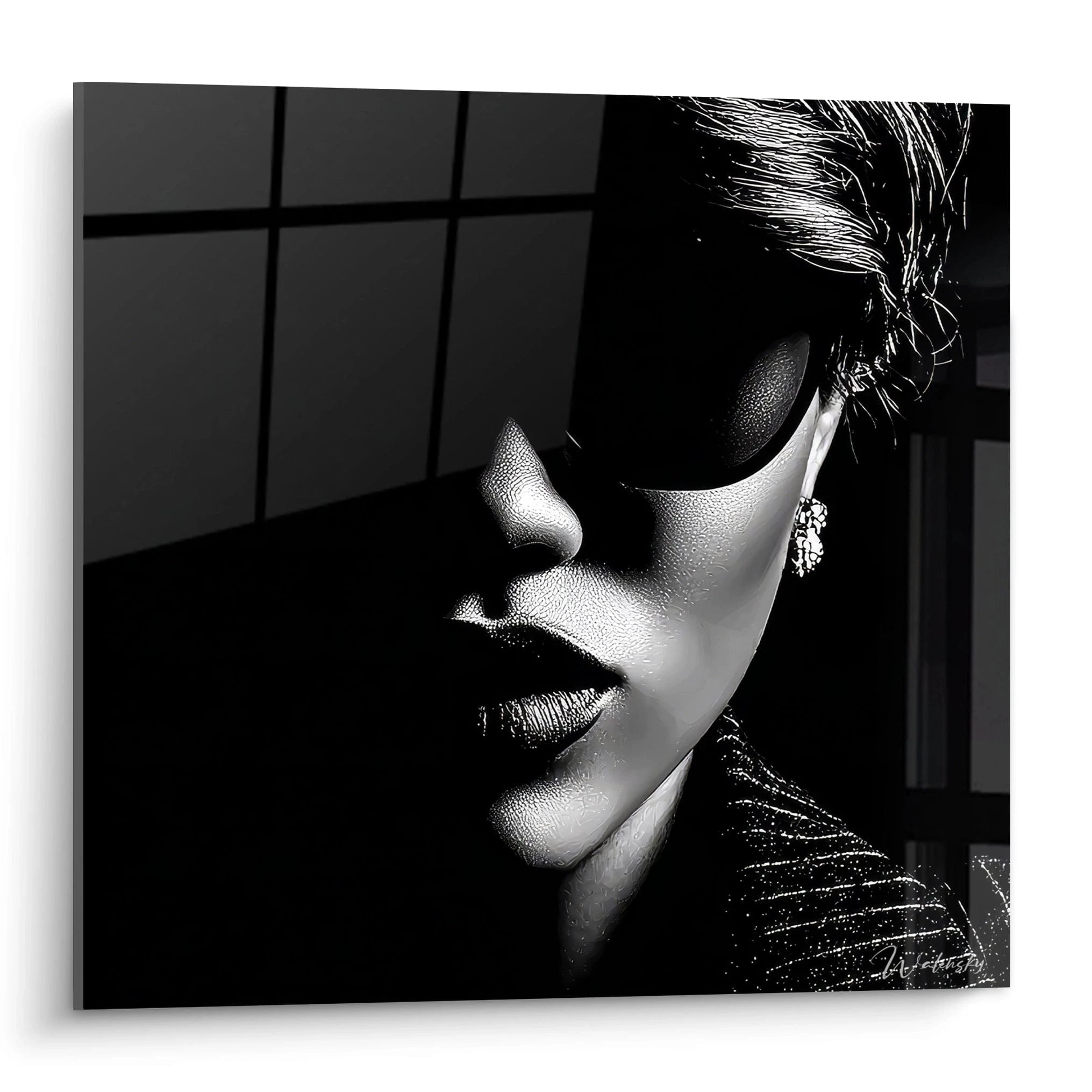 Tableau mural portrait noir et blanc d'une femme élégante avec lunettes de soleil et accessoires raffinés