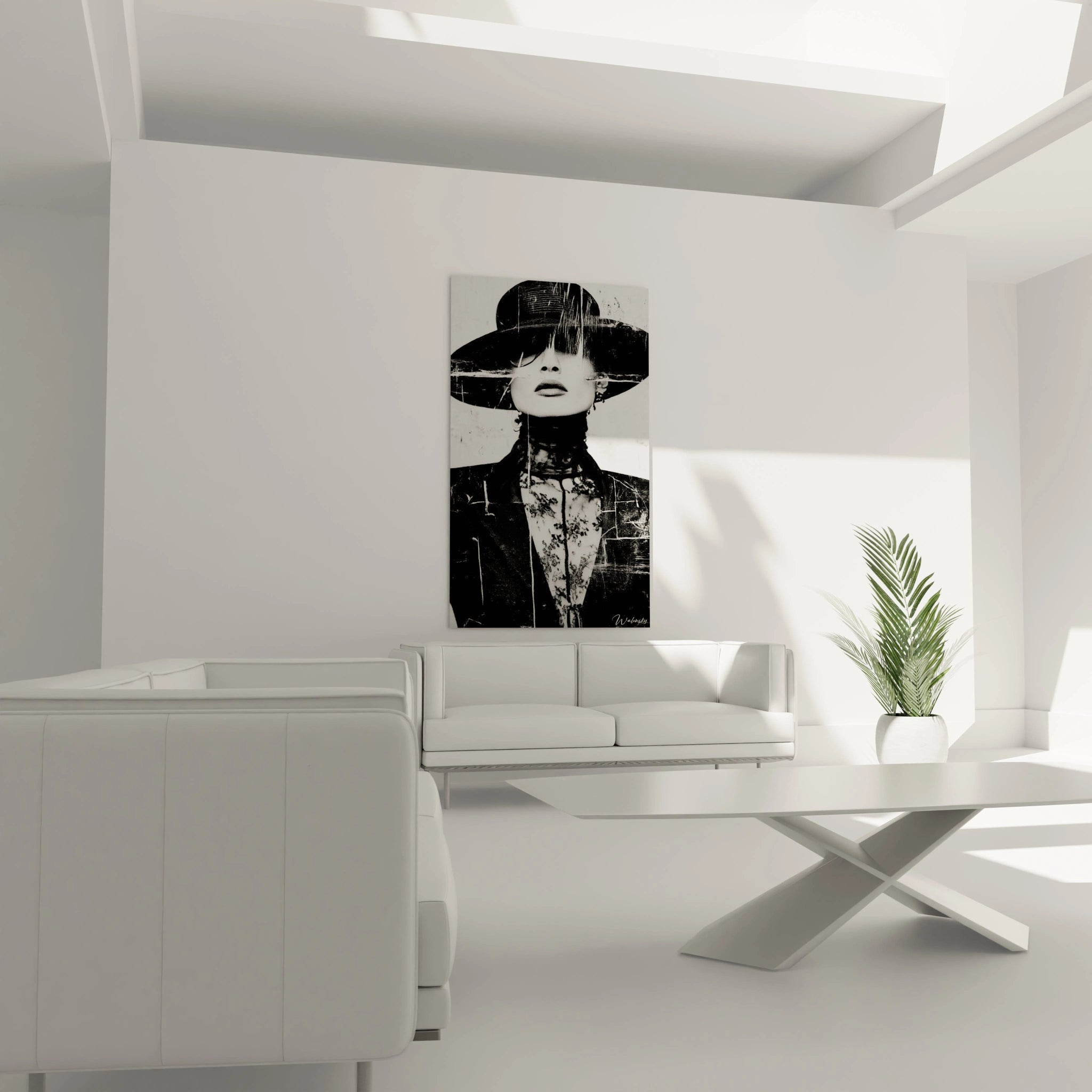 Tableau portrait artistique noir et blanc de femme stylée dans un salon moderne avec mobilier épuré