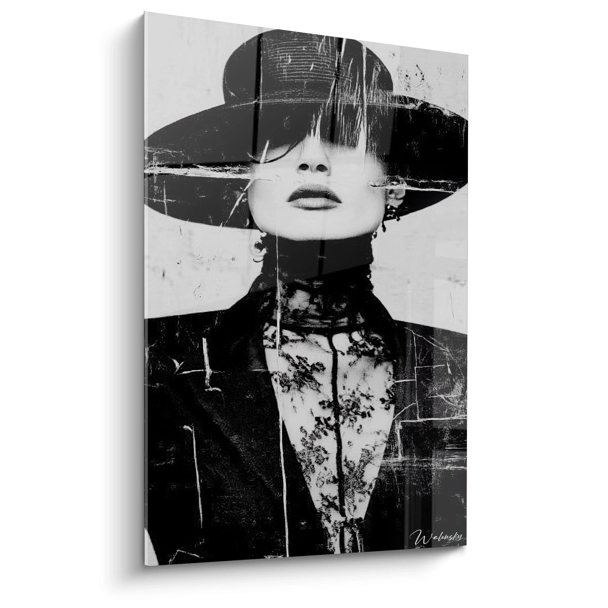 Tableau mural portrait artistique noir et blanc de femme élégante avec chapeau et stylisation moderne