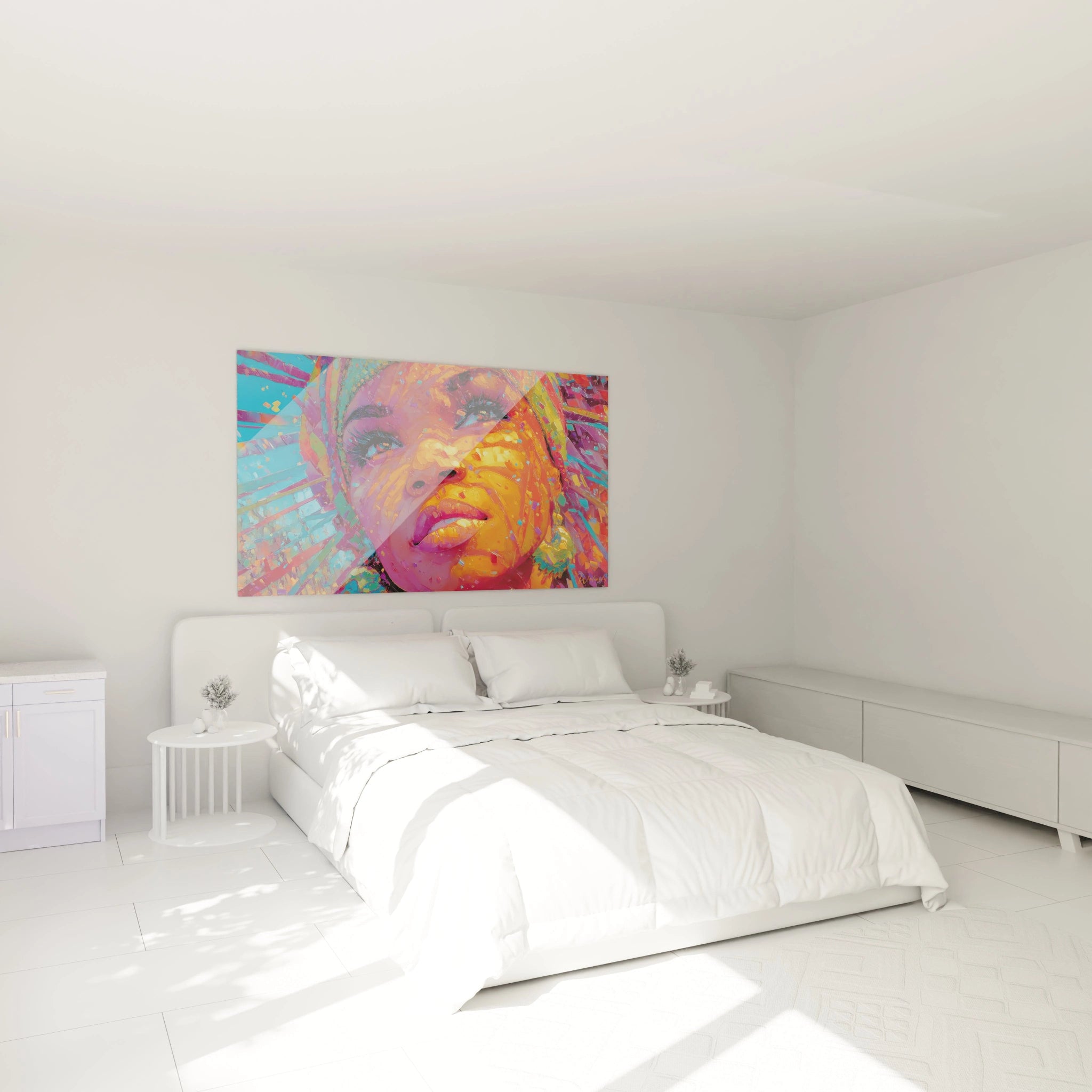 Tableau portrait femme africaine multicolore de Walensky, ajoutant une touche d'art moderne à la chambre.