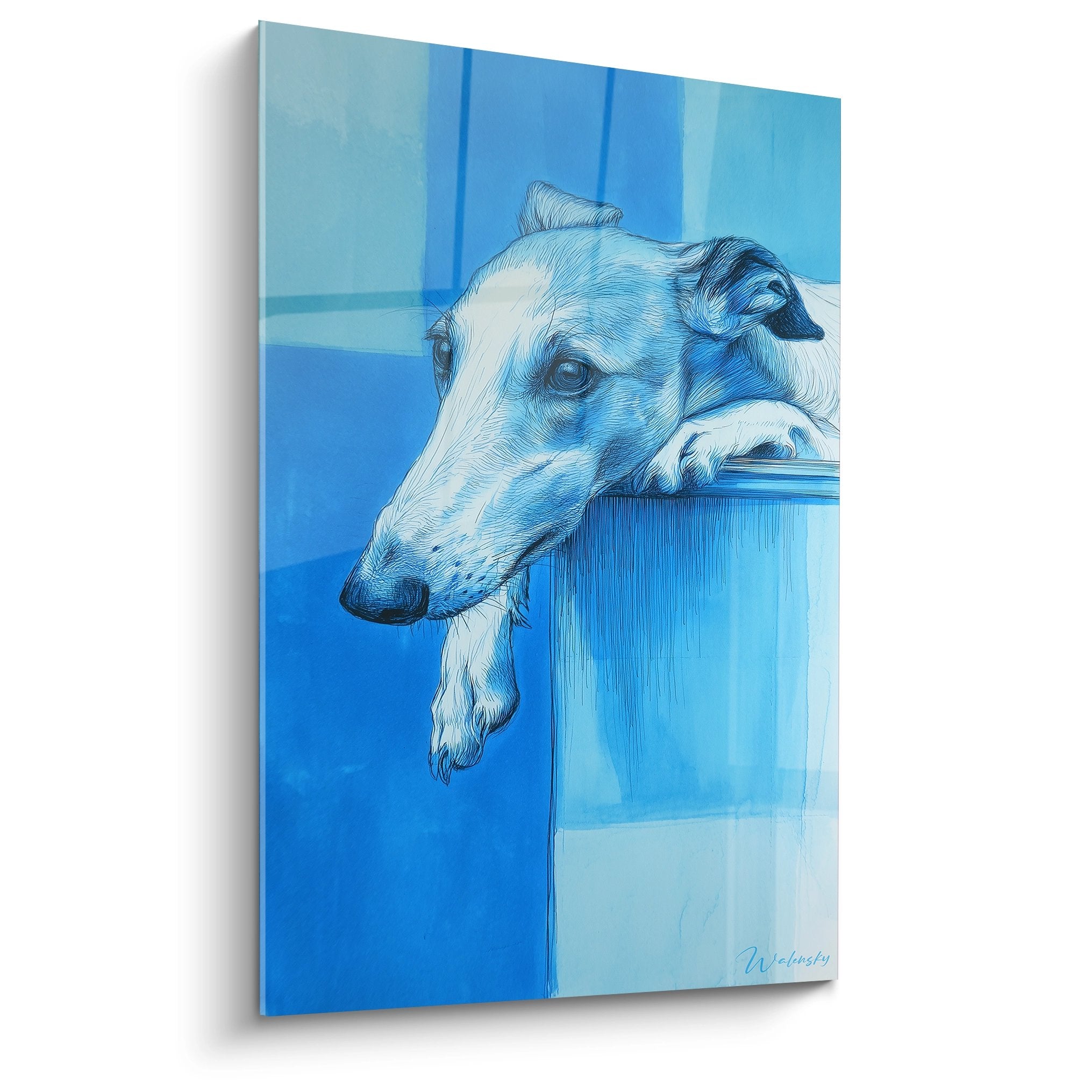 Portrait artistique Barzoi bleu repos mélancolique lévrier russe tons bleus dégradés géométriques tableau mural