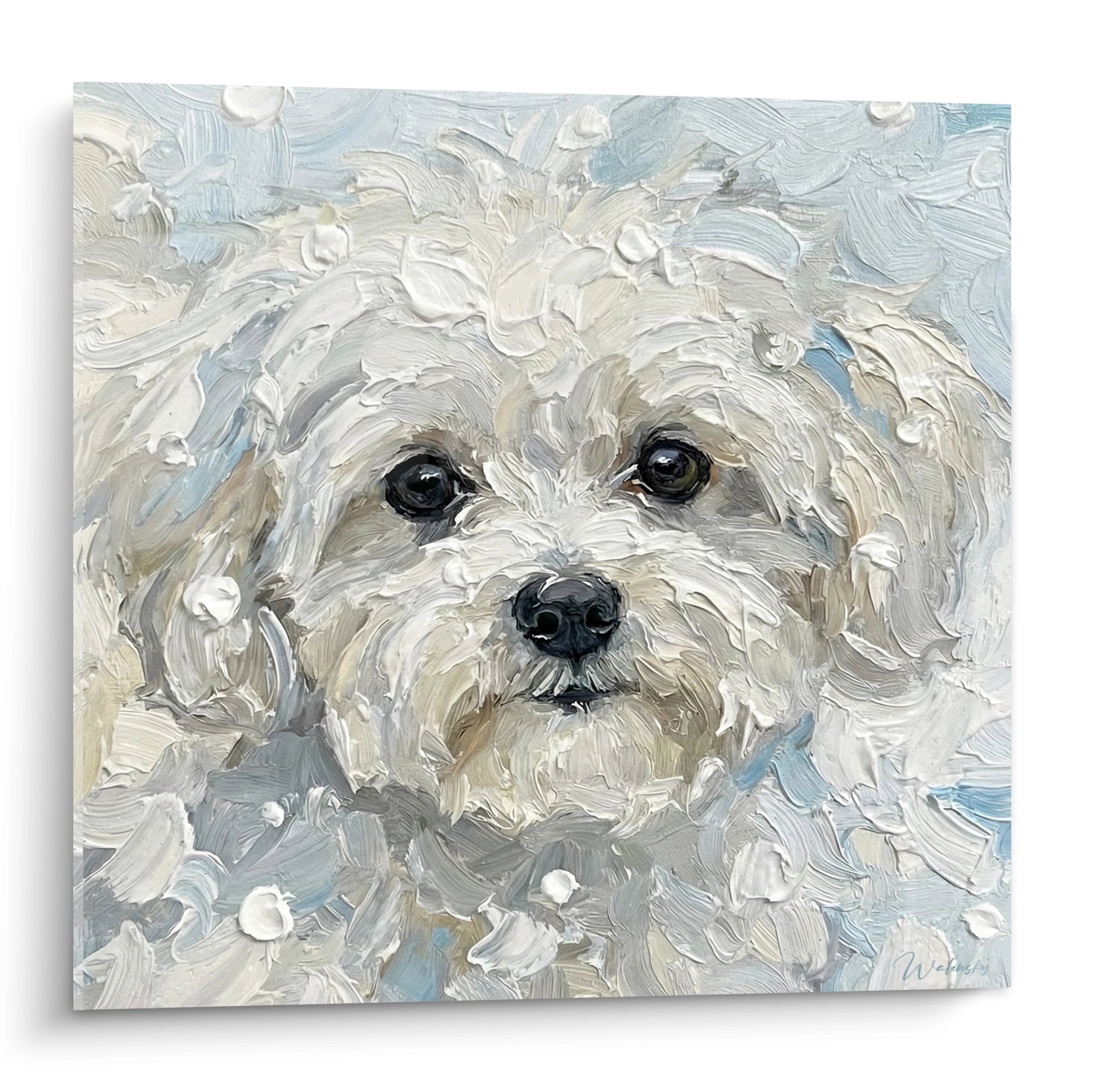 Maltese Bichon portrait painting white coat black eyes impasto style impressionist dog art